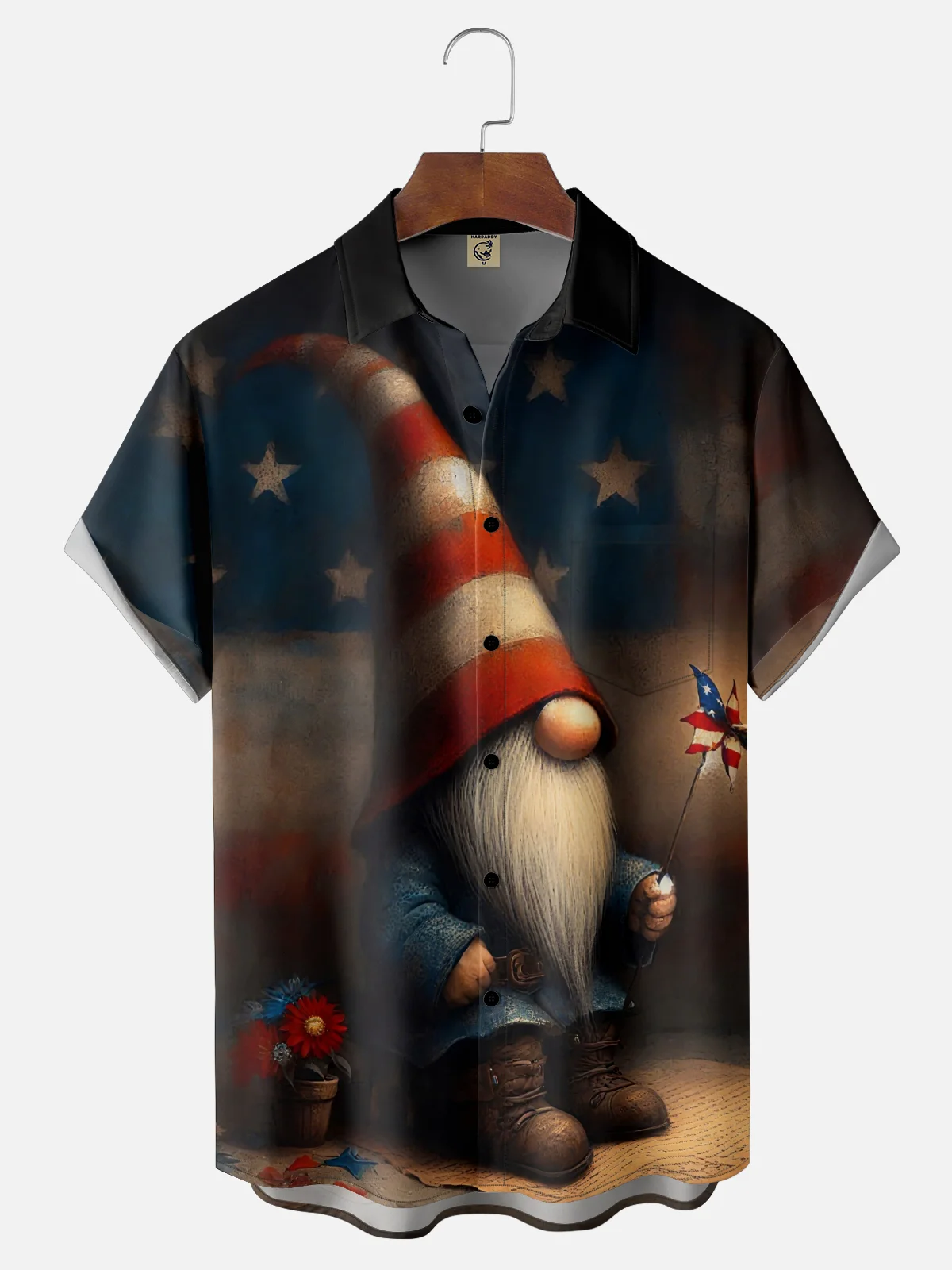 Moisture Wicking Veterans Day Gradient Abstract Gnome American Flag Pinwheel Chest Pocket Hawaiian Shirt