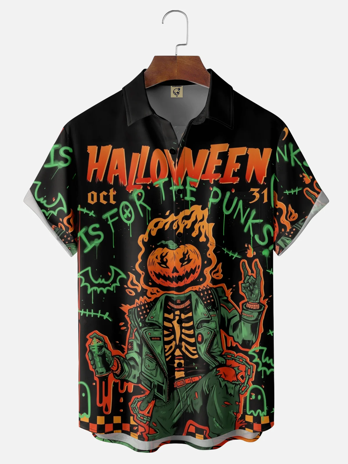 Moisture-wicking Halloween Pumpkin Punk Chest Pocket Casual Shirt