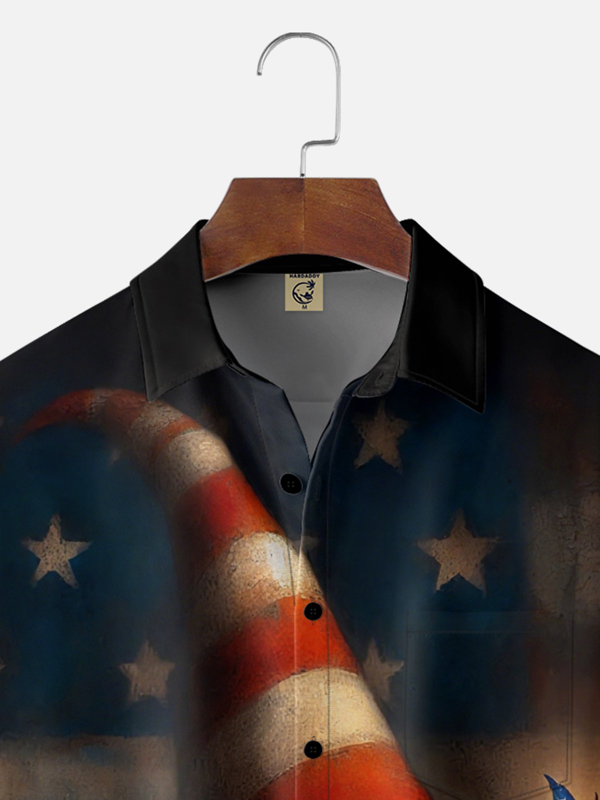 Moisture Wicking Veterans Day Gradient Abstract Gnome American Flag Pinwheel Chest Pocket Hawaiian Shirt