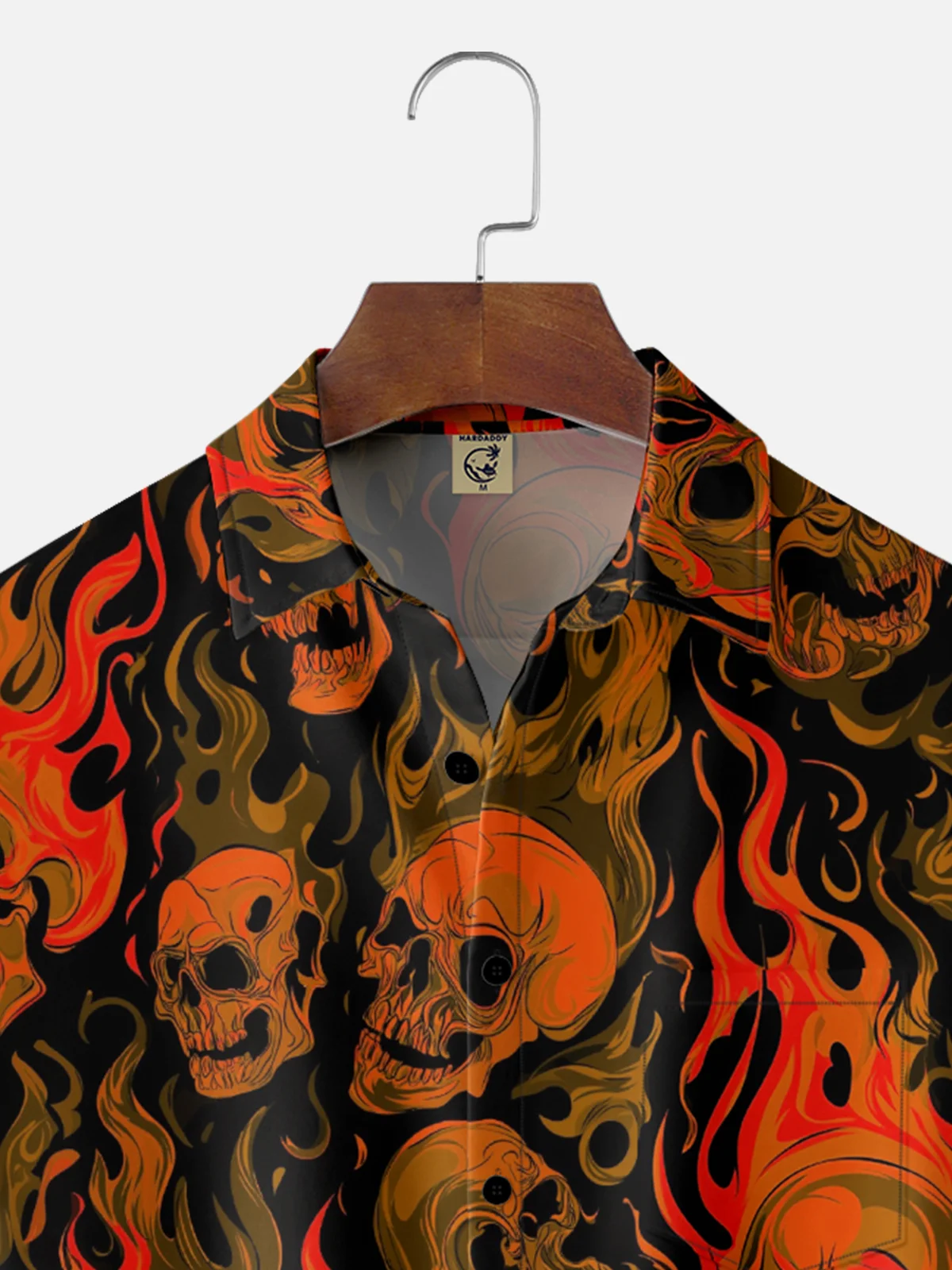 Moisture-Wicking Halloween Gradient Flame Skull Chest Pocket Hawaiian Shirt