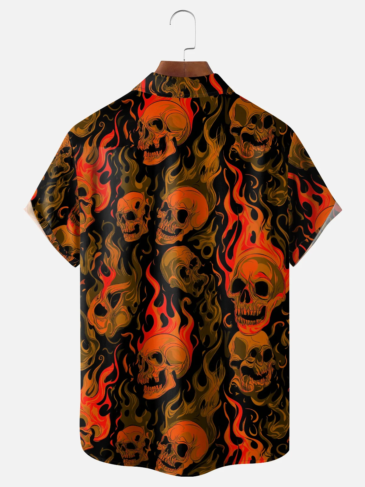 Moisture-Wicking Halloween Gradient Flame Skull Chest Pocket Hawaiian Shirt
