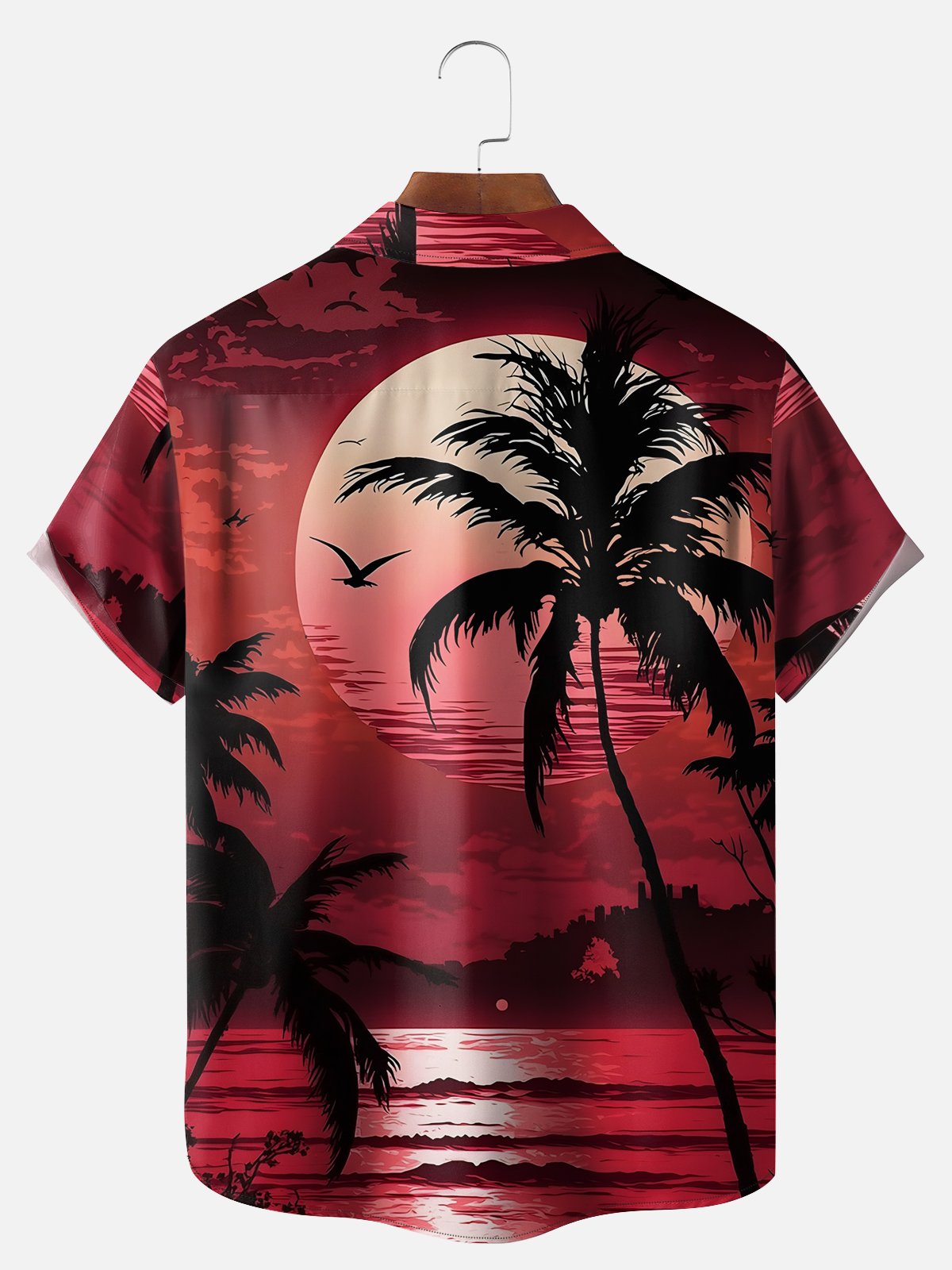 Big Size Moisture-wicking Coconut Trees Beach Seagulls Chest Pocket Hawaiian Shirt