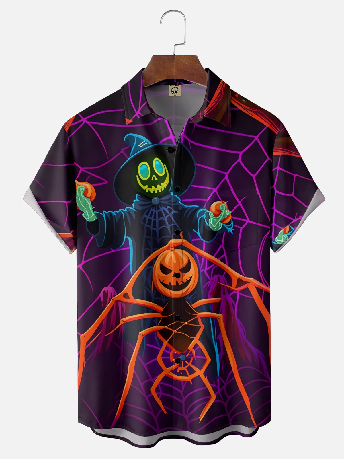 Moisture-wicking Halloween Spider Pumpkin Chest Pocket Casual Shirt