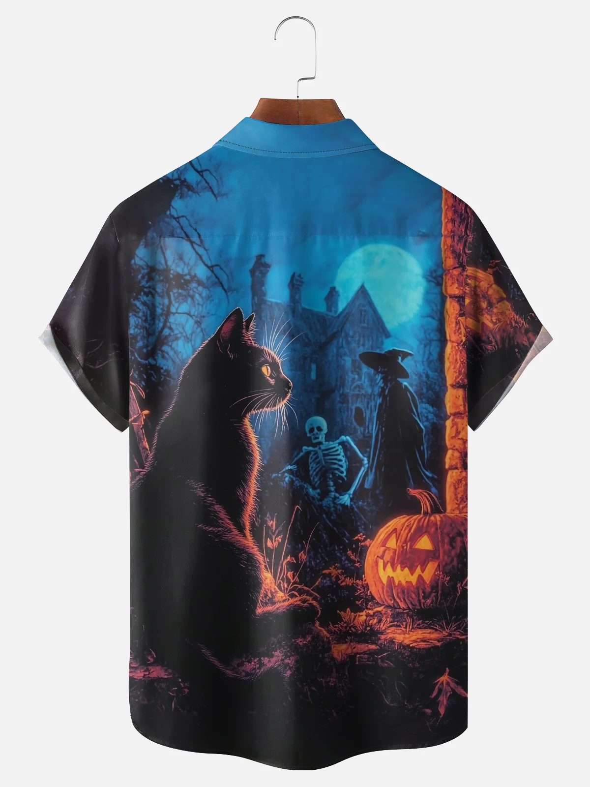 Moisture-wicking Halloween Black Cat Wizard Chest Pocket Casual Shirt