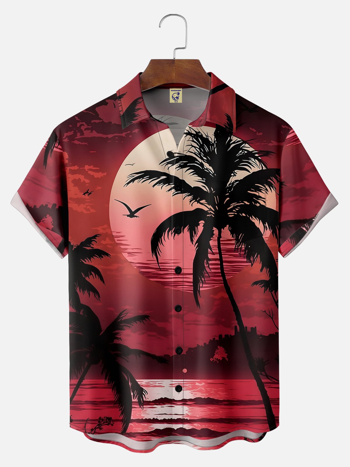 Big Size Moisture-wicking Coconut Trees Beach Seagulls Chest Pocket Hawaiian Shirt