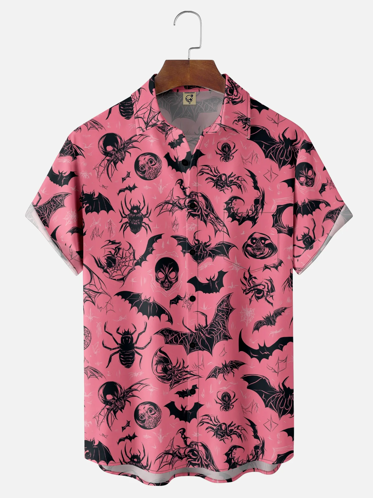 Moisture-Wicking Halloween Spider Bat Skull Chest Pocket Hawaiian Shirt