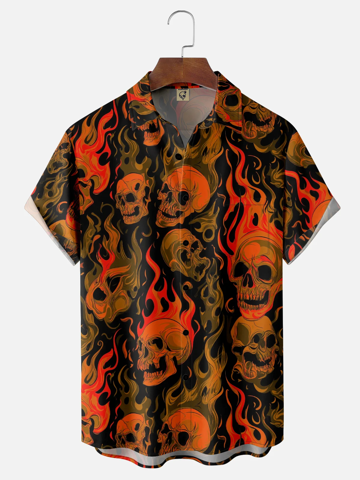Moisture-Wicking Halloween Gradient Flame Skull Chest Pocket Hawaiian Shirt