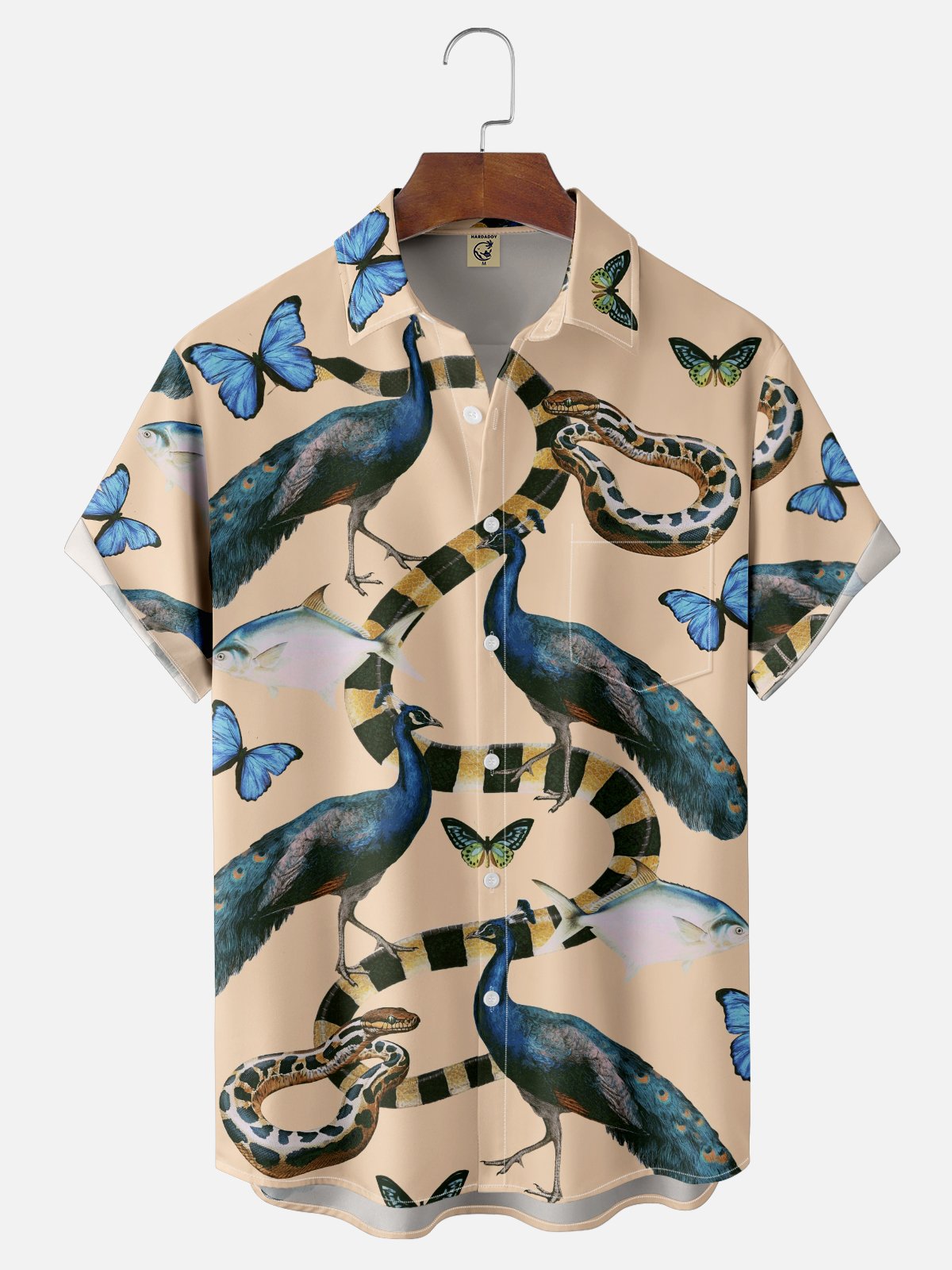 Hardaddy X Emmar Studio Moisture-wicking Peacock Snake Butterfly Fish Chest Pocket Hawaiian Shirt