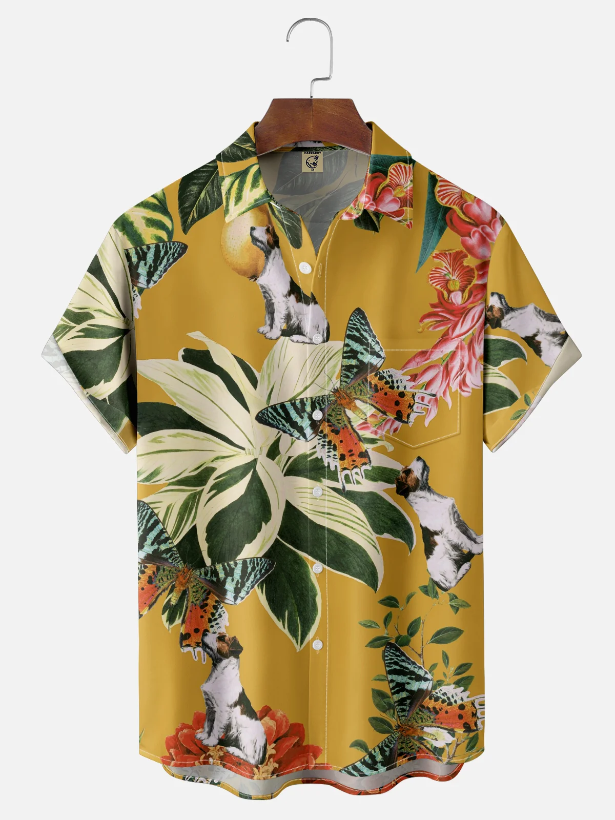 Hardaddy X Emmar Studio Moisture-wicking Butterfly Dog Flower Leaf Chest Pocket Hawaiian Shirt