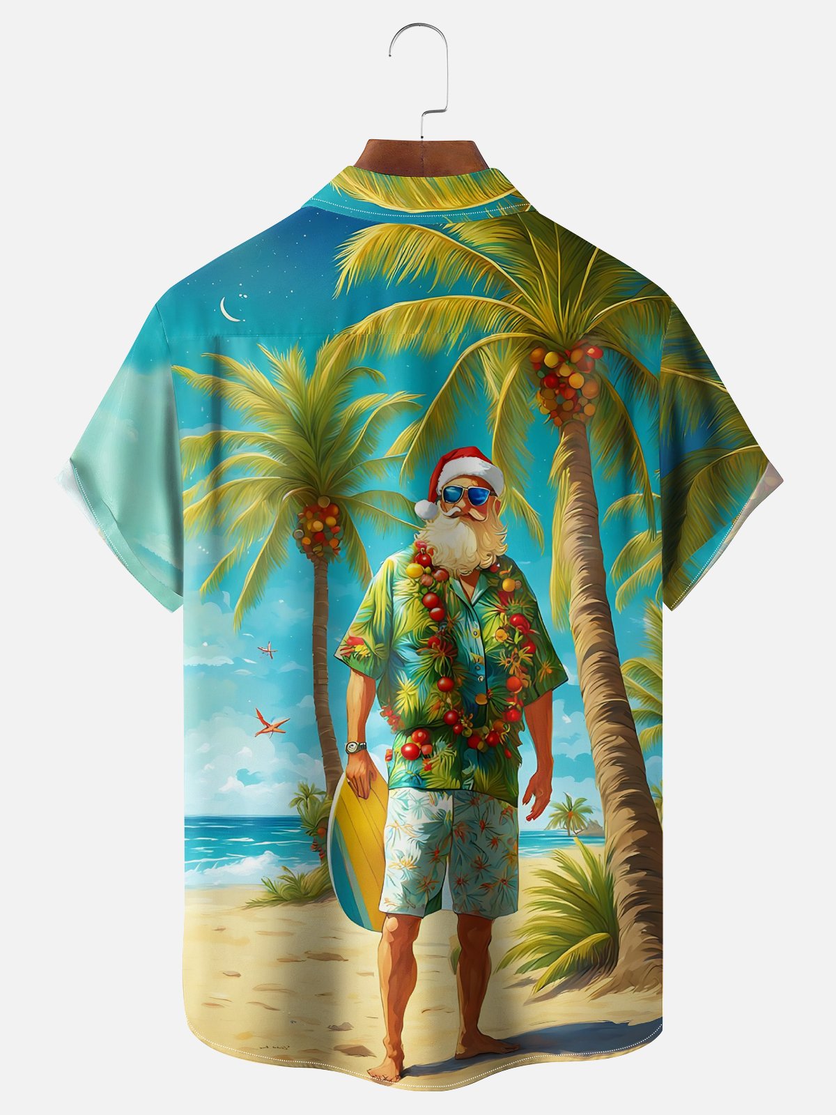 Moisture-wicking Christmas Santa Claus Beach Coconut Tree Chest Pocket Casual Shirt