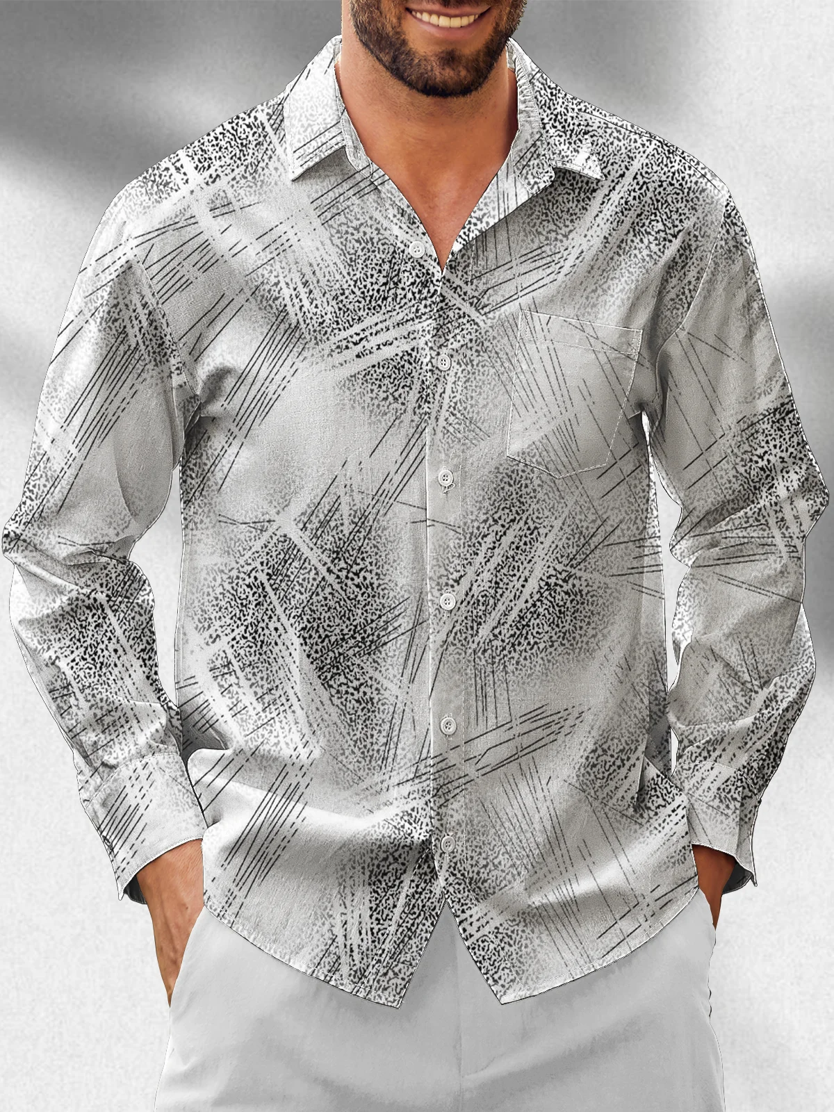 Moisture-Wicking Gradient Geometric Chest Pocket Long Sleeve Hawaiian Shirt