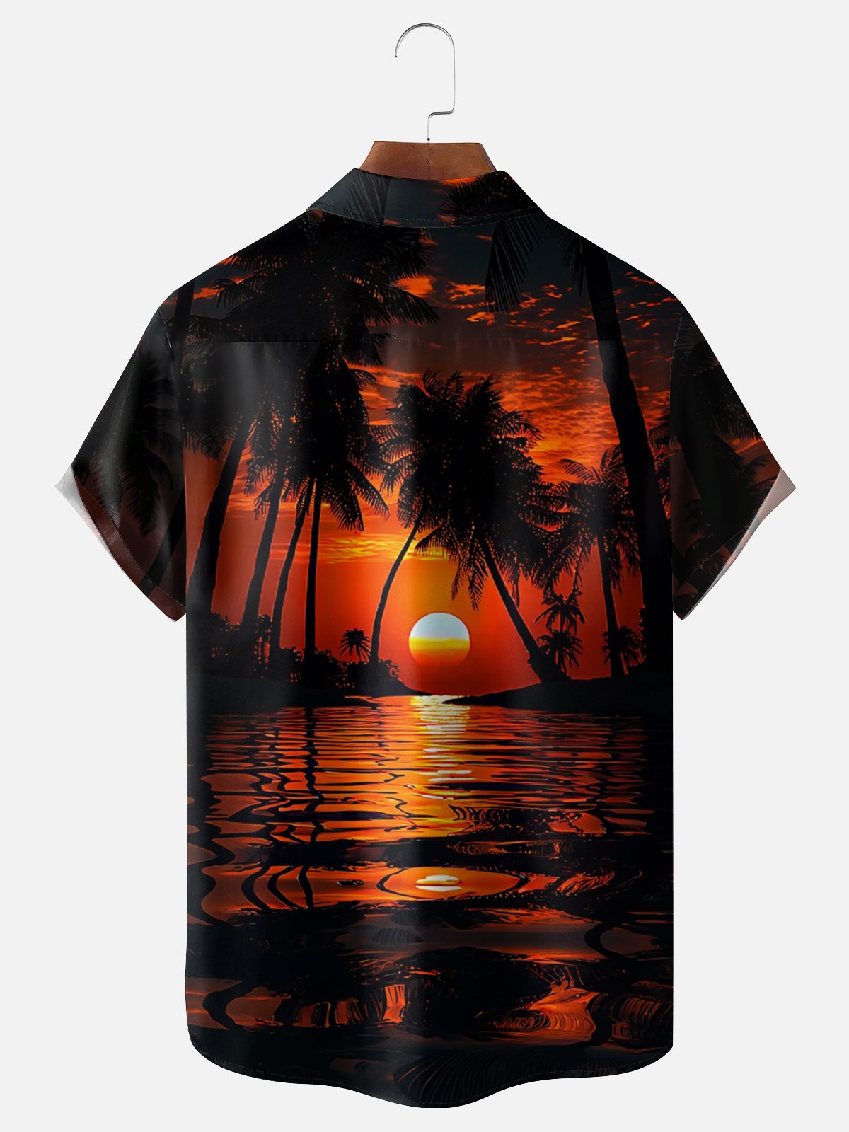 Moisture-wicking Sunset Beach Coconut Tree Art Chest Pocket Hawaiian Shirt