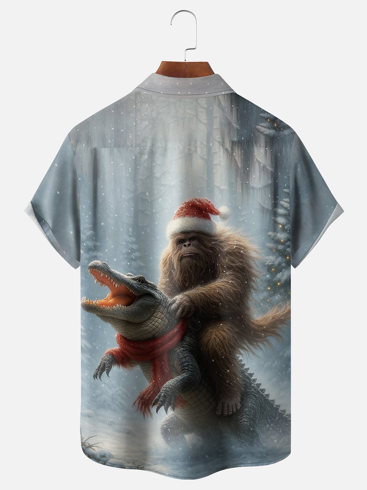 Moisture-wicking Christmas Bigfoot Fun Christmas Tree Snow Scene Chest Pocket Casual Shirt