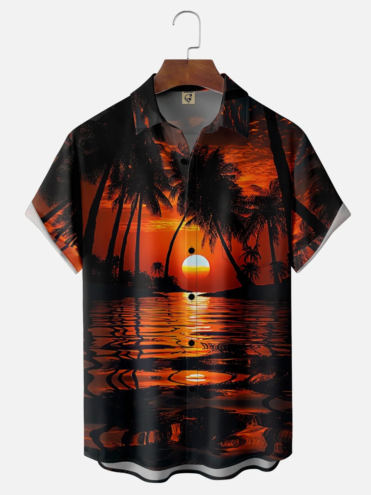 Moisture-wicking Sunset Beach Coconut Tree Art Chest Pocket Hawaiian Shirt