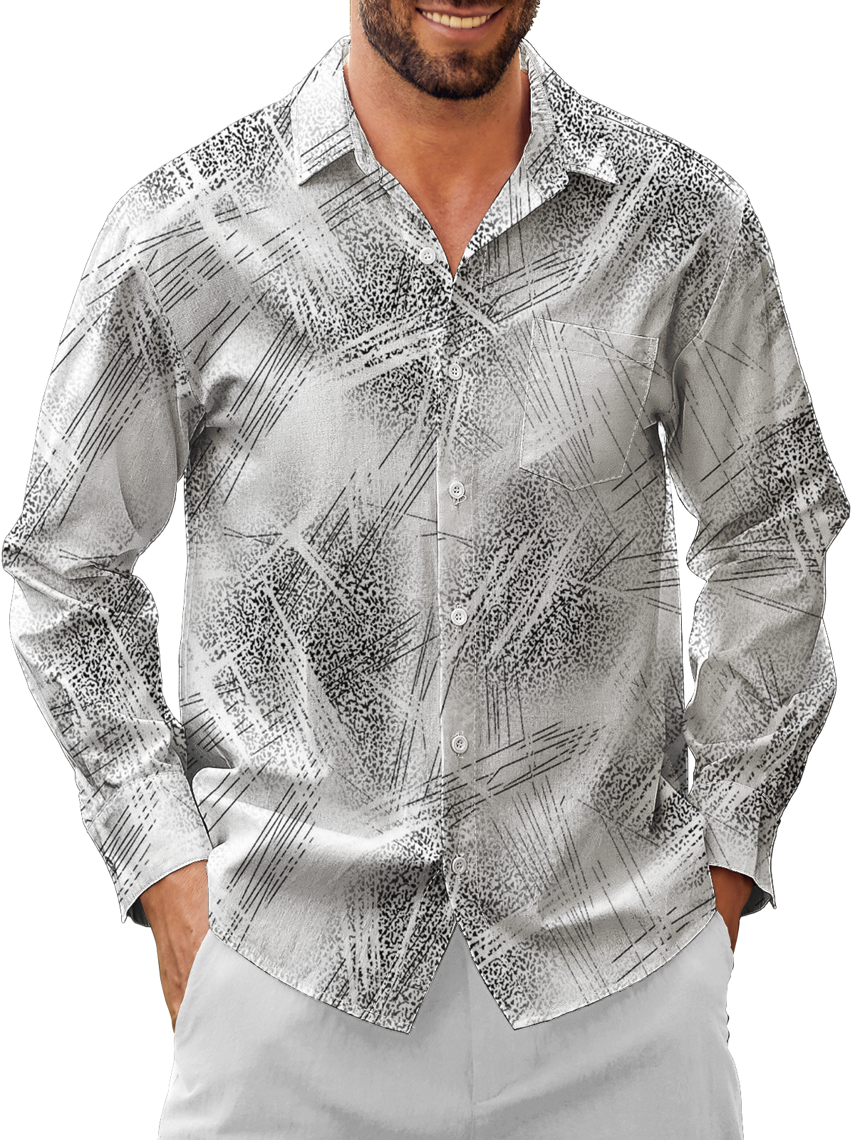 Moisture-Wicking Gradient Geometric Chest Pocket Long Sleeve Hawaiian Shirt