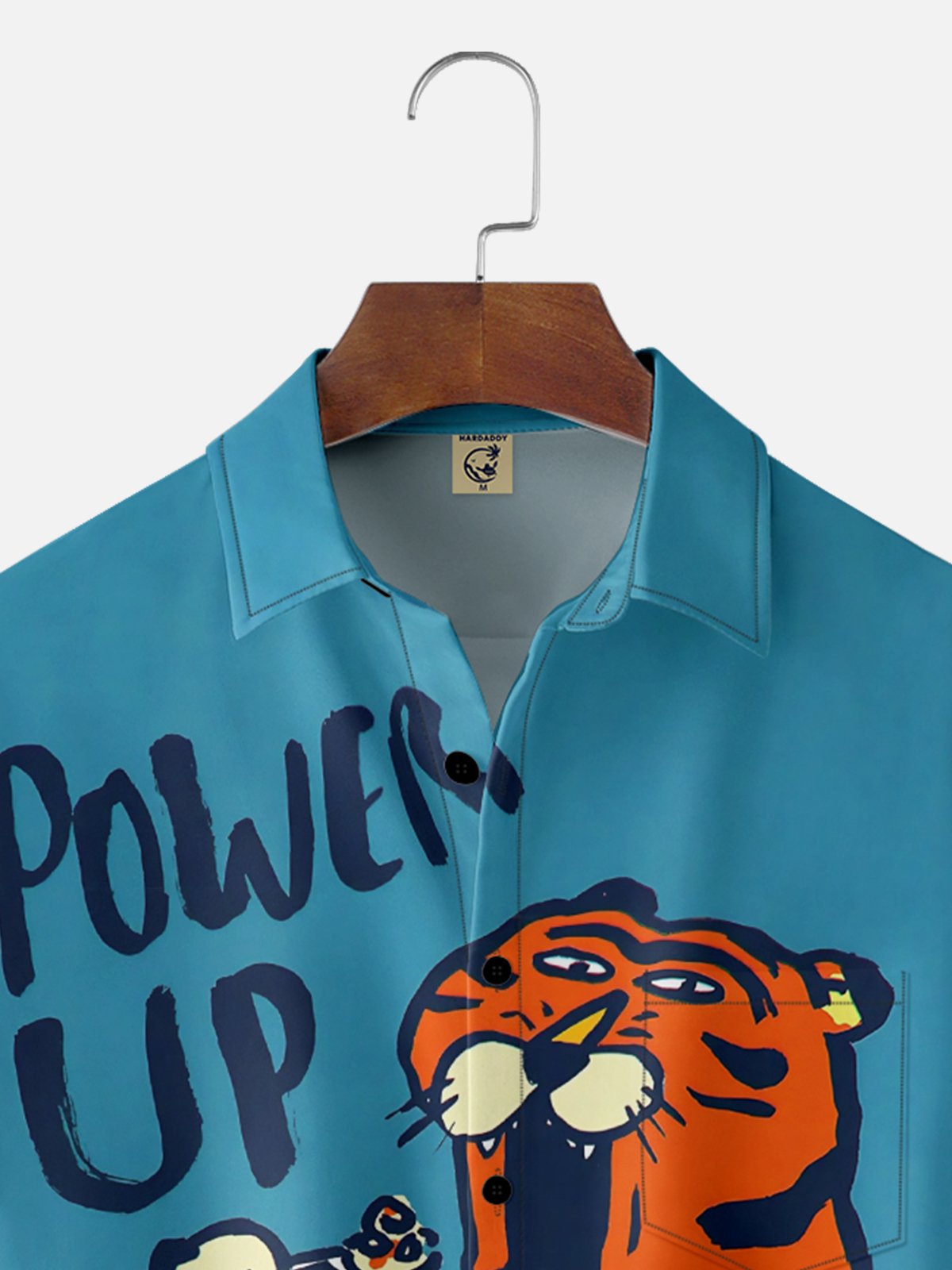 Moisture-wicking Funny Tiger "POWER UP" Chest Pocket Hawaiian Shirt