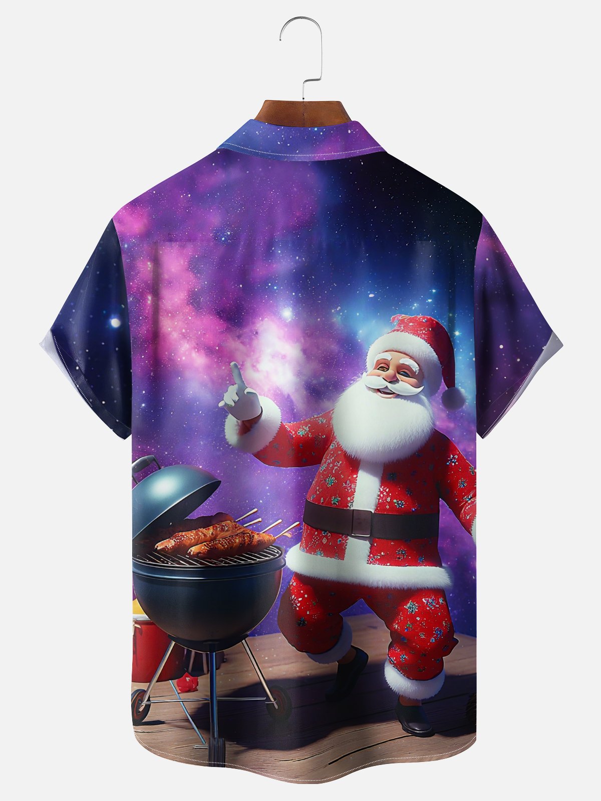 Moisture-wicking Christmas Santa Claus BBQ Starry Sky Chest Pocket Casual Shirt