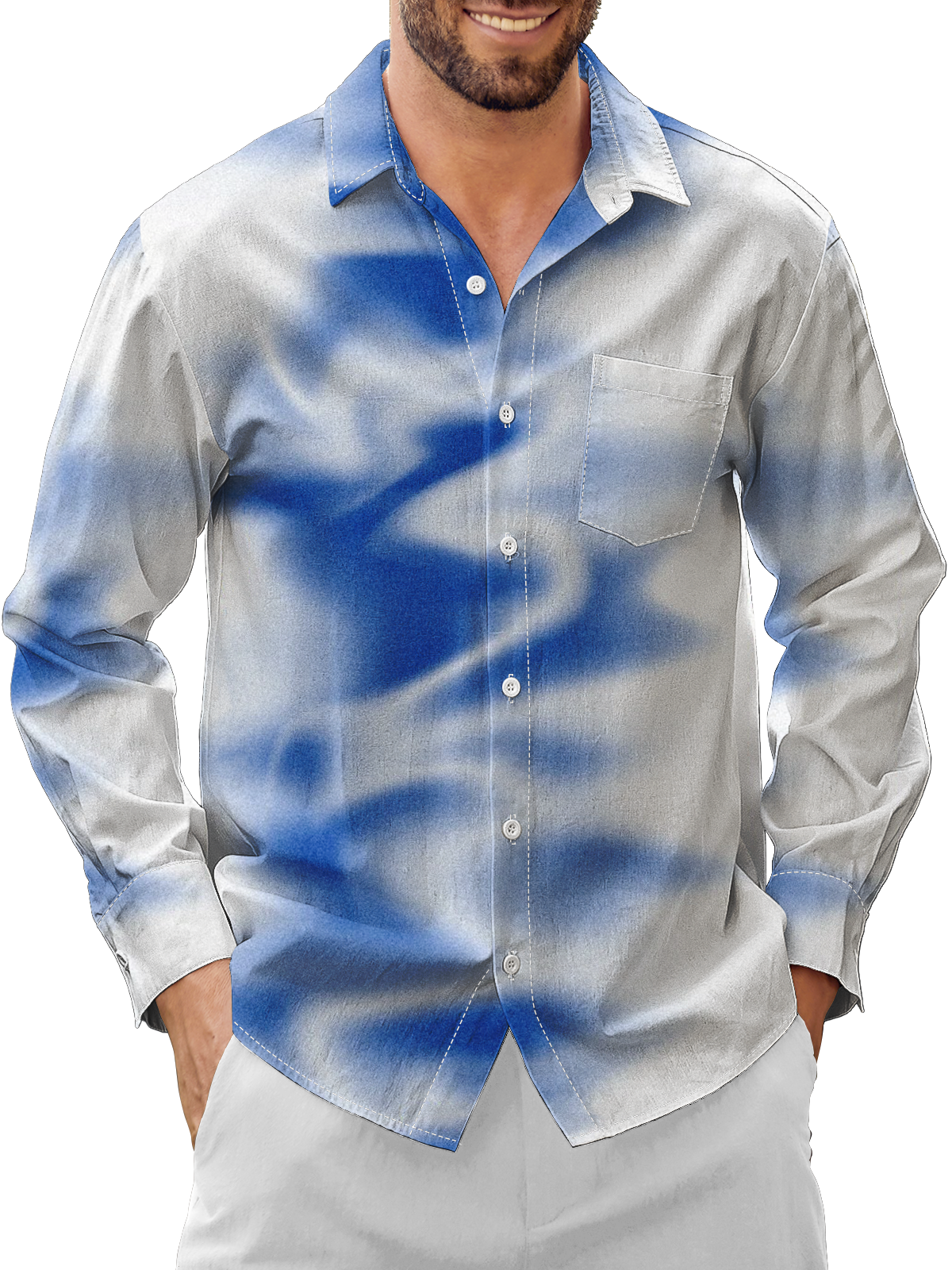Moisture-Wicking Gradient Chest Pocket Long Sleeve Hawaiian Shirt