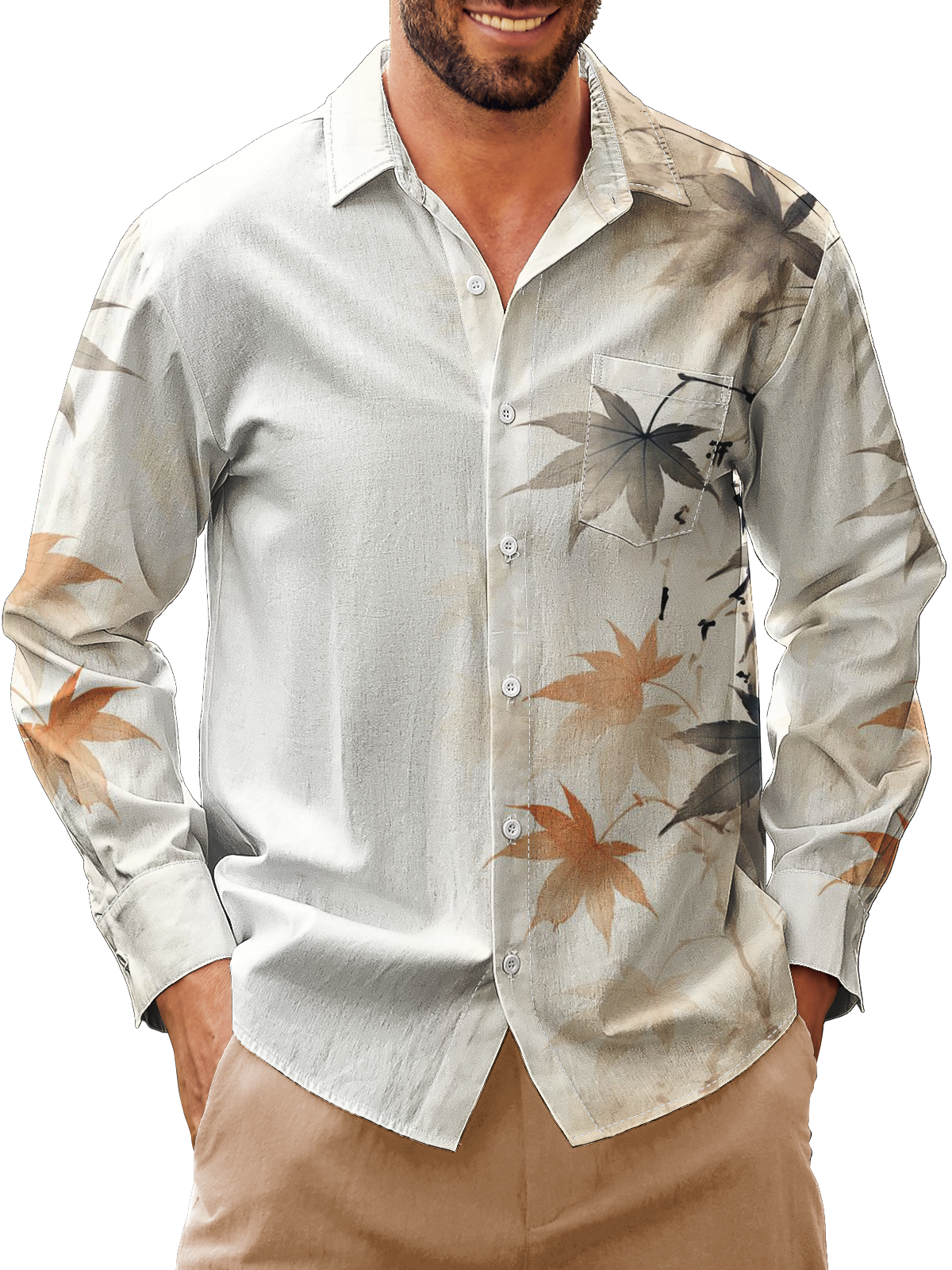 Moisture-Wicking Botanical Chest Pocket Long Sleeve Hawaiian Shirt