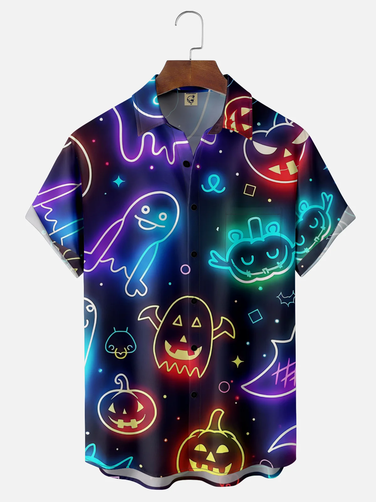 Moisture-wicking Halloween Fluorescent Pumpkin Ghost Fun Chest Pocket Casual Shirt