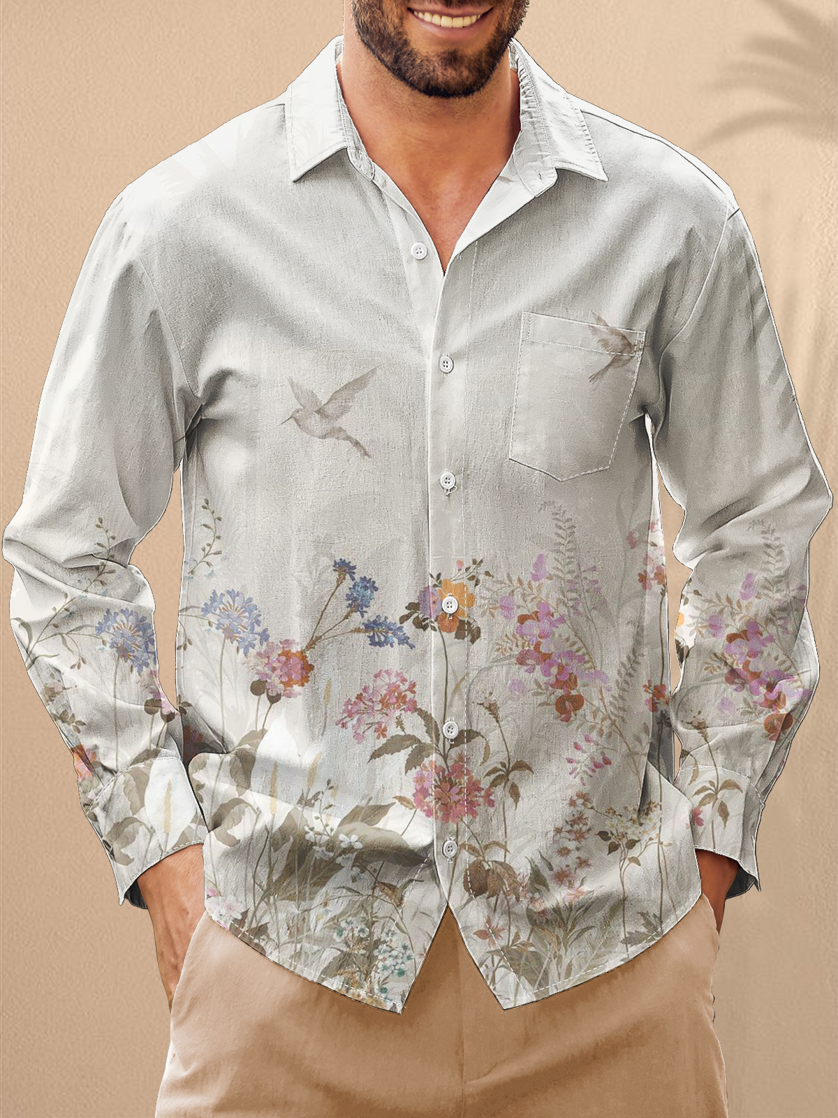 Moisture-Wicking Floral Chest Pocket  Long Sleeve Hawaiian Shirt