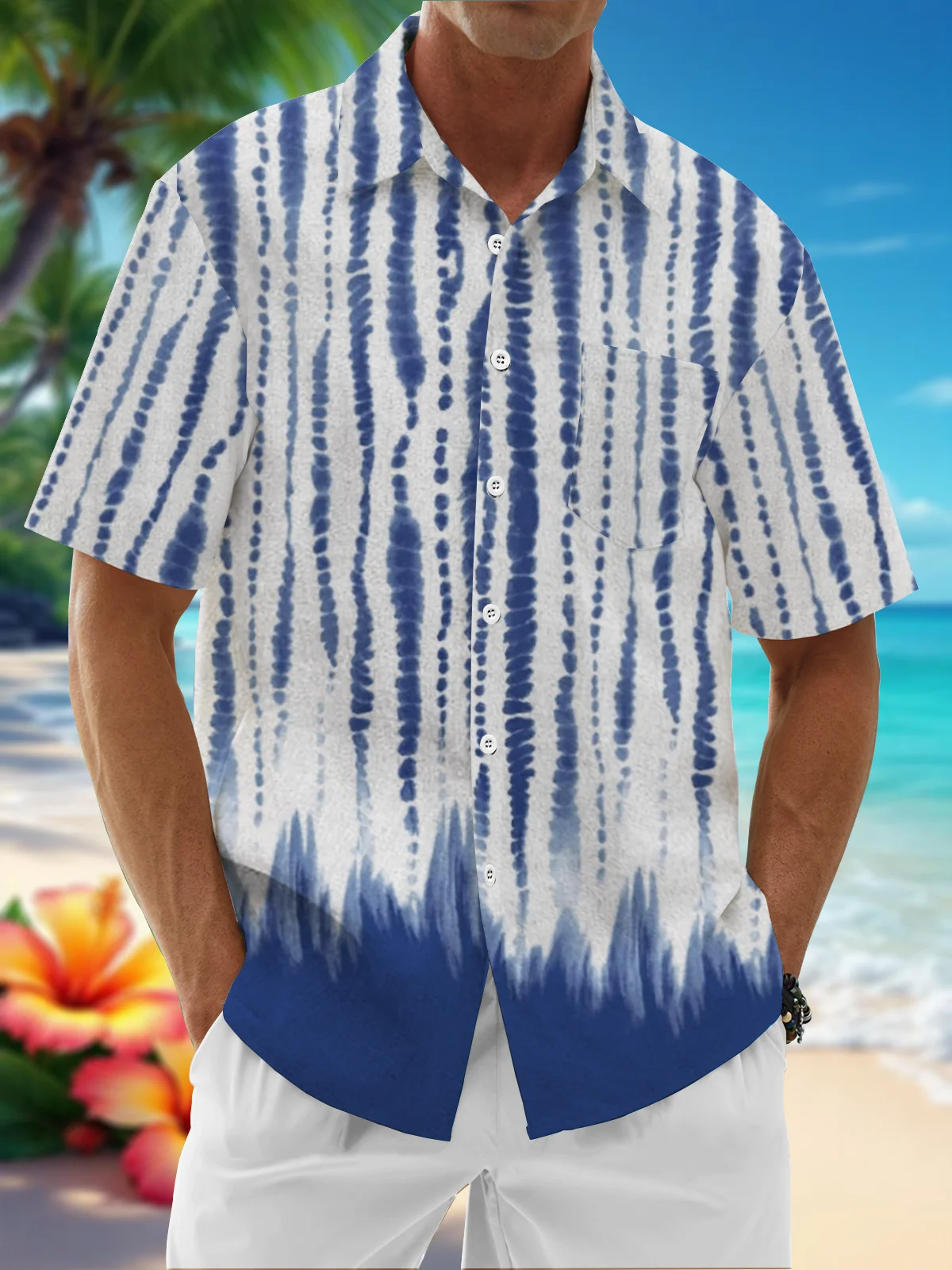 Moisture-Wicking Gradient Stripe Chest Pocket Hawaiian Shirt
