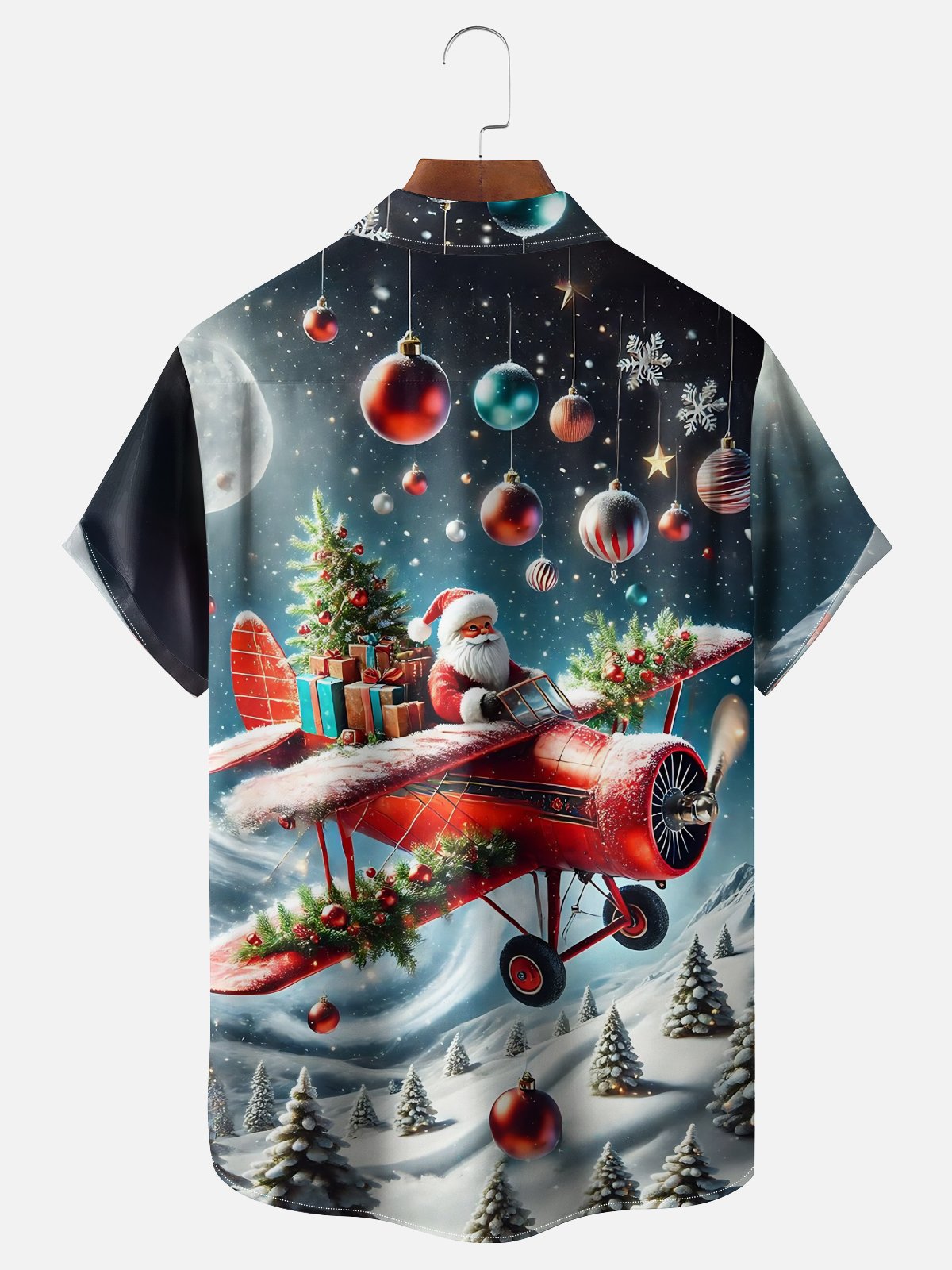 Moisture-wicking Christmas Santa Claus Airplane Christmas Tree Chest Pocket Casual Shirt