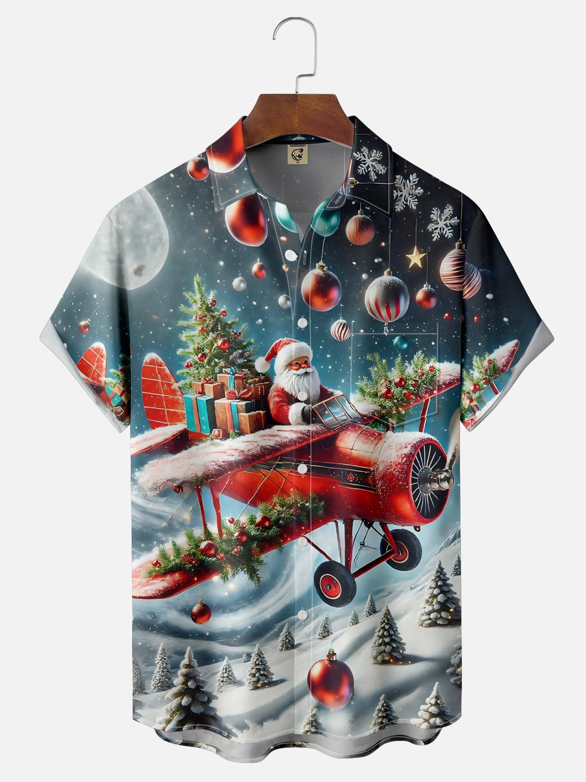 Moisture-wicking Christmas Santa Claus Airplane Christmas Tree Chest Pocket Casual Shirt
