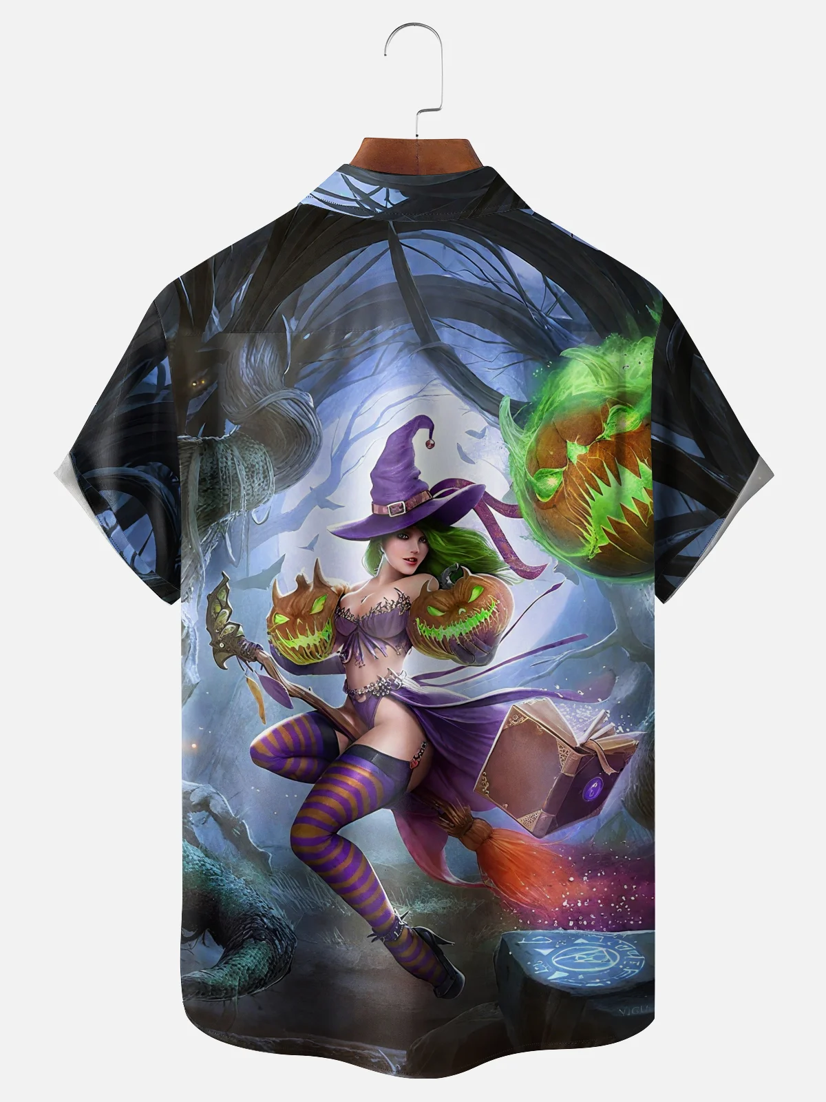 Moisture-Wicking Ombre Halloween Witch Pumpkin Chest Pocket Hawaiian Shirt