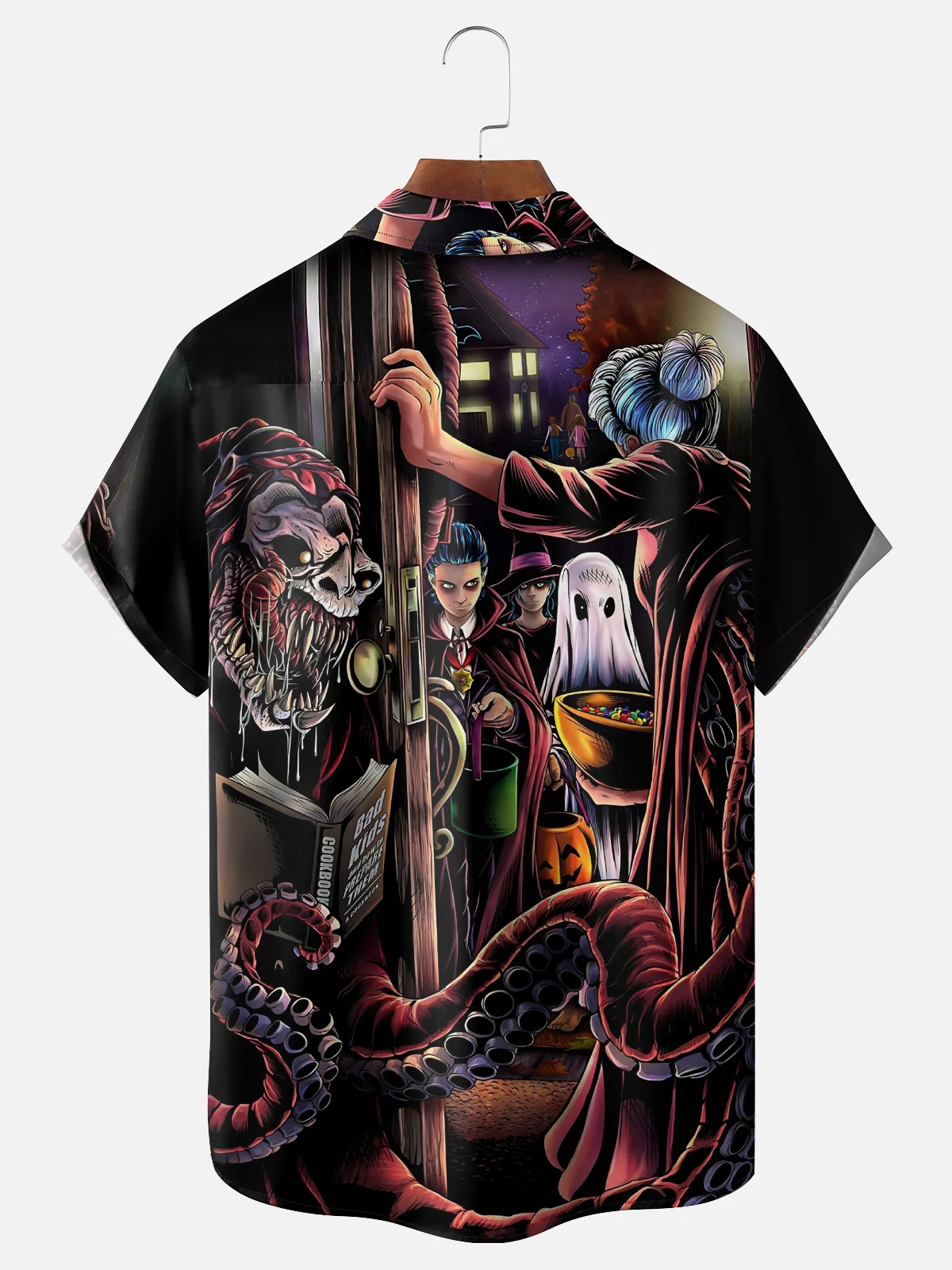 Moisture Wicking Halloween Spooky Pumpkin Monster Chest Pocket Hawaiian Shirt