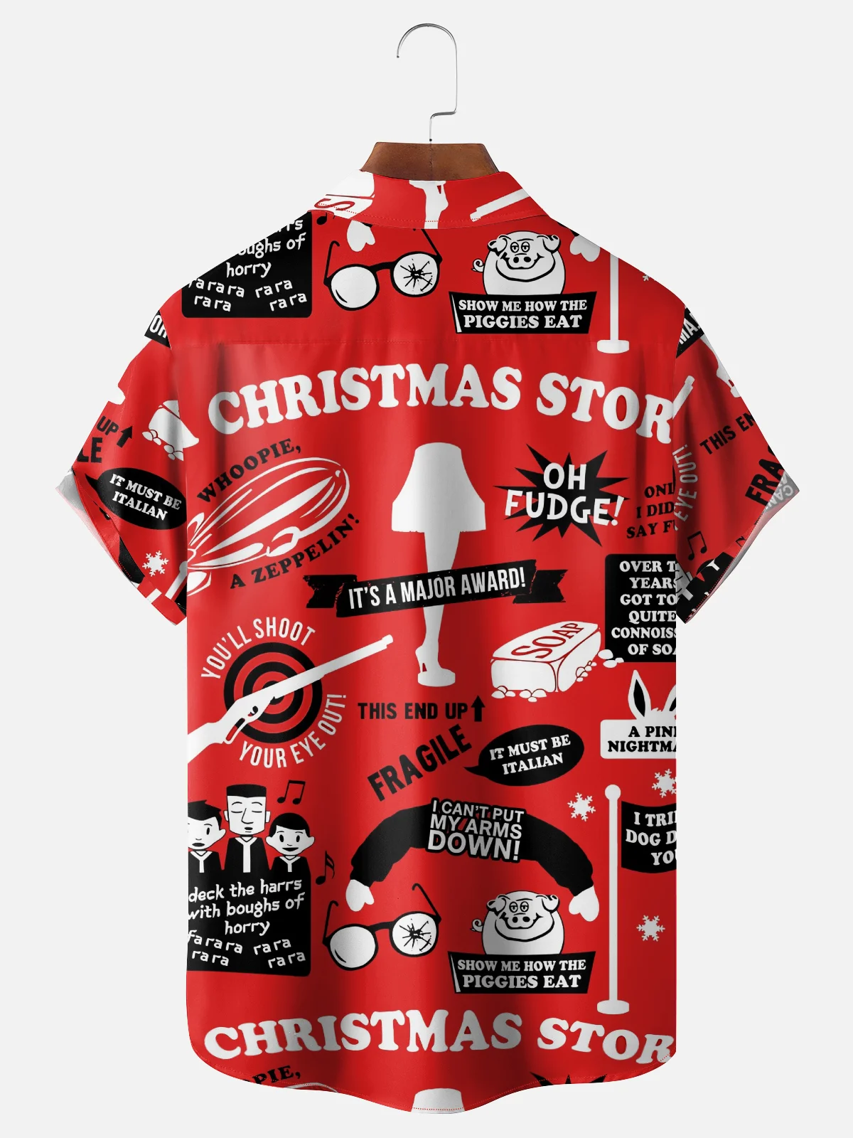 Moisture-Wicking Christmas Holiday Thigh Light Lettering Chest Pocket Hawaiian Shirt