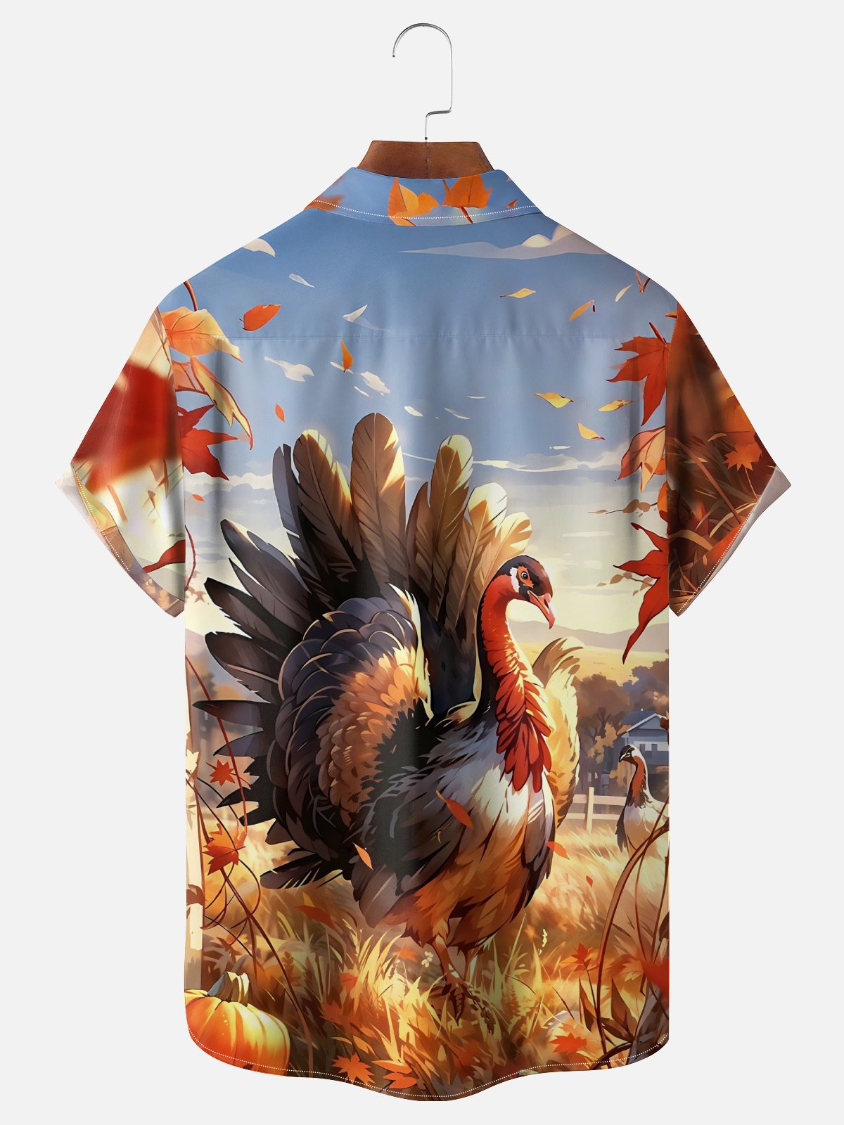 Moisture-Wicking Thanksgiving Maple Leaf Turkey Chest Pocket Hawaiian Shirt