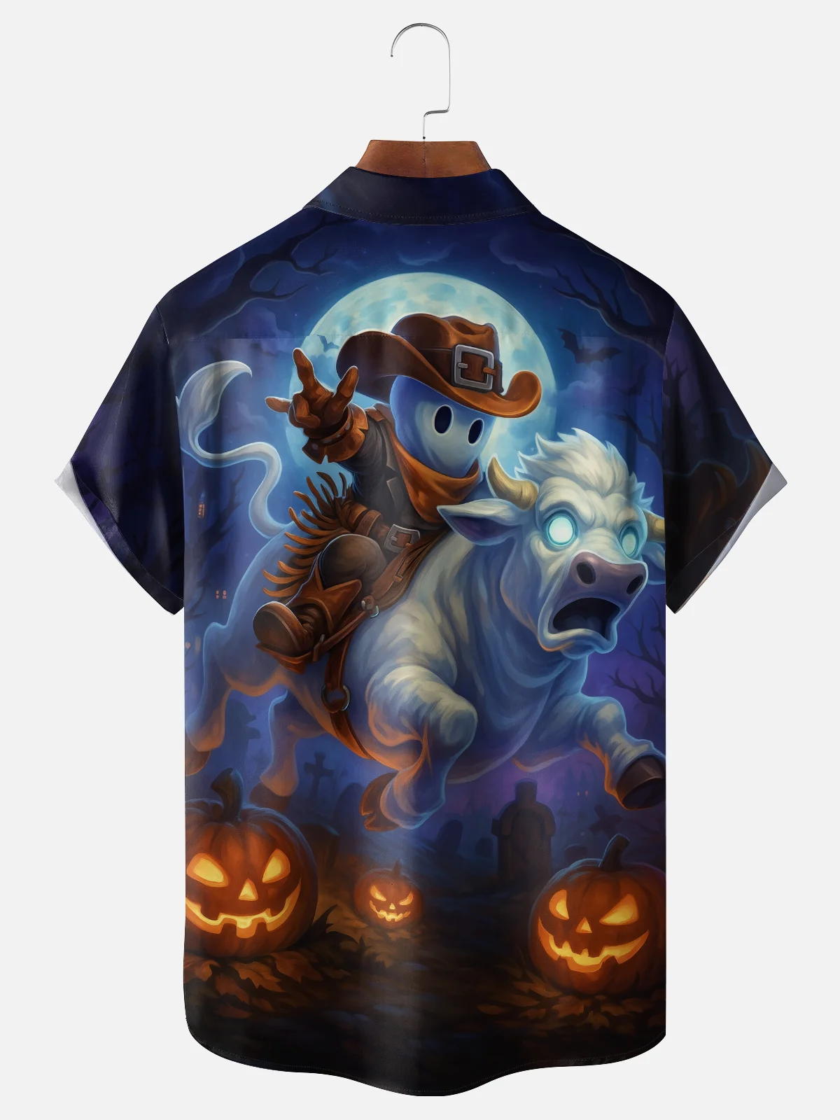 Moisture-wicking Halloween Ghost Cattle Pumpkin Chest Pocket Casual Shirt
