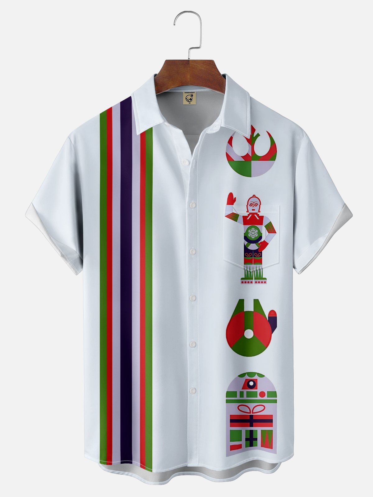 Moisture-Wicking Christmas Star Robot Chest Pocket  Bowling Shirt