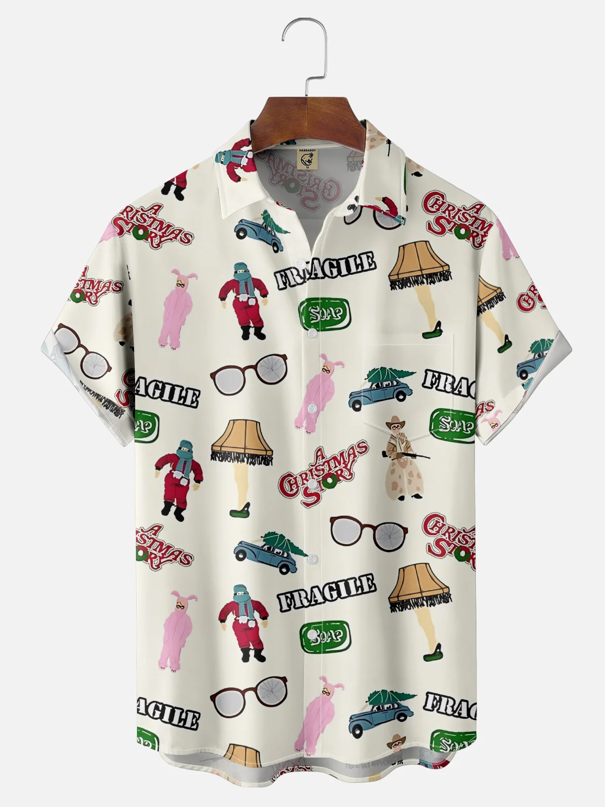 Moisture-Wicking Christmas Holiday Thigh Light Lettering Chest Pocket Hawaiian Shirt