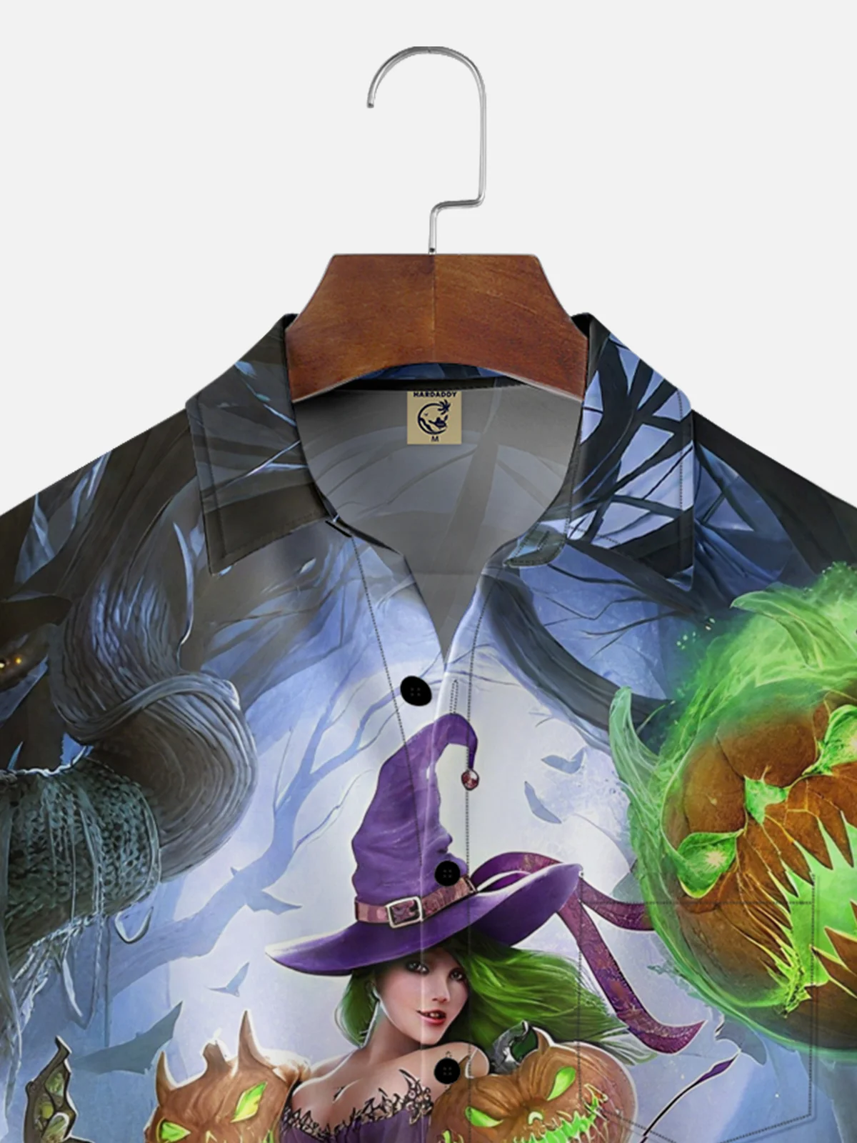 Moisture-Wicking Ombre Halloween Witch Pumpkin Chest Pocket Hawaiian Shirt