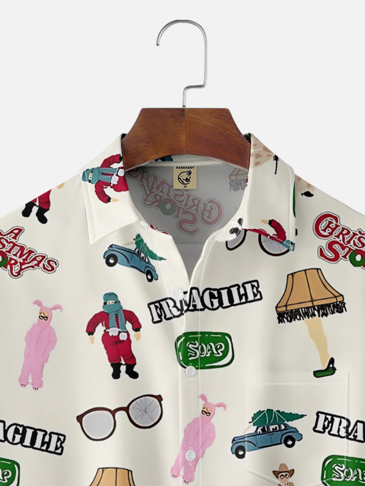 Moisture-Wicking Christmas Holiday Thigh Light Lettering Chest Pocket Hawaiian Shirt
