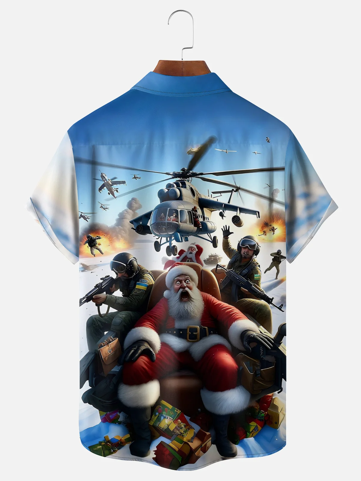 Moisture-Wicking Santa Claus Fighter Chest Pocket Hawaiian Shirt