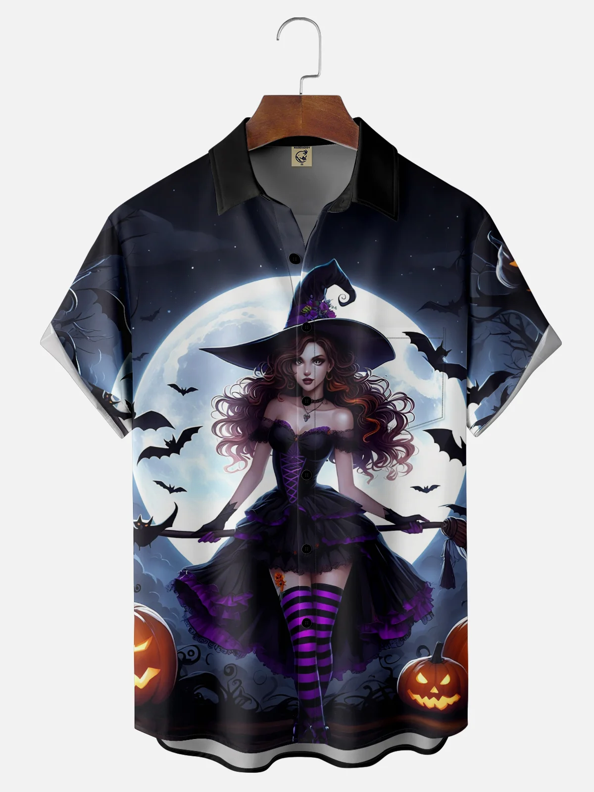 Moisture-Wicking Ombre Halloween Witch Pumpkin Chest Pocket Hawaiian Shirt