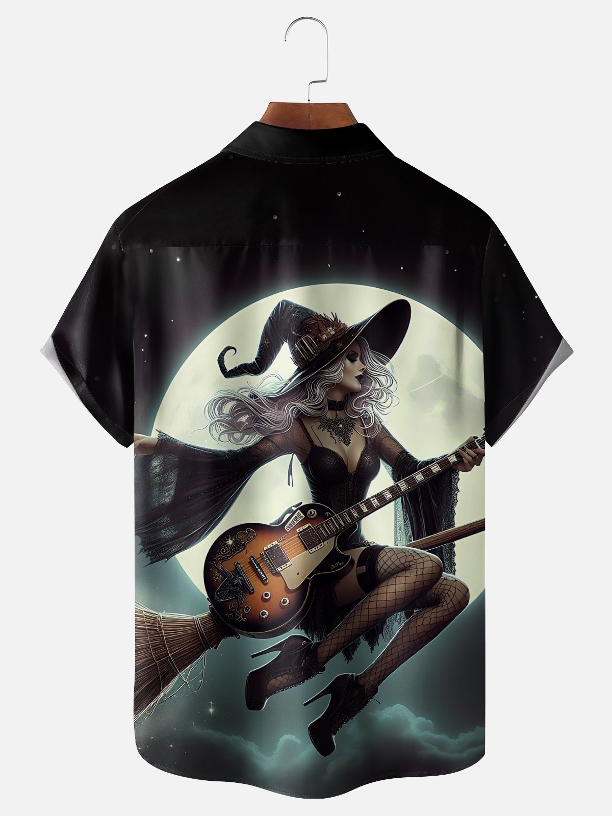 Moisture-Wicking Gradient Halloween Witch Guitar Chest Pocket Hawaiian Shirt