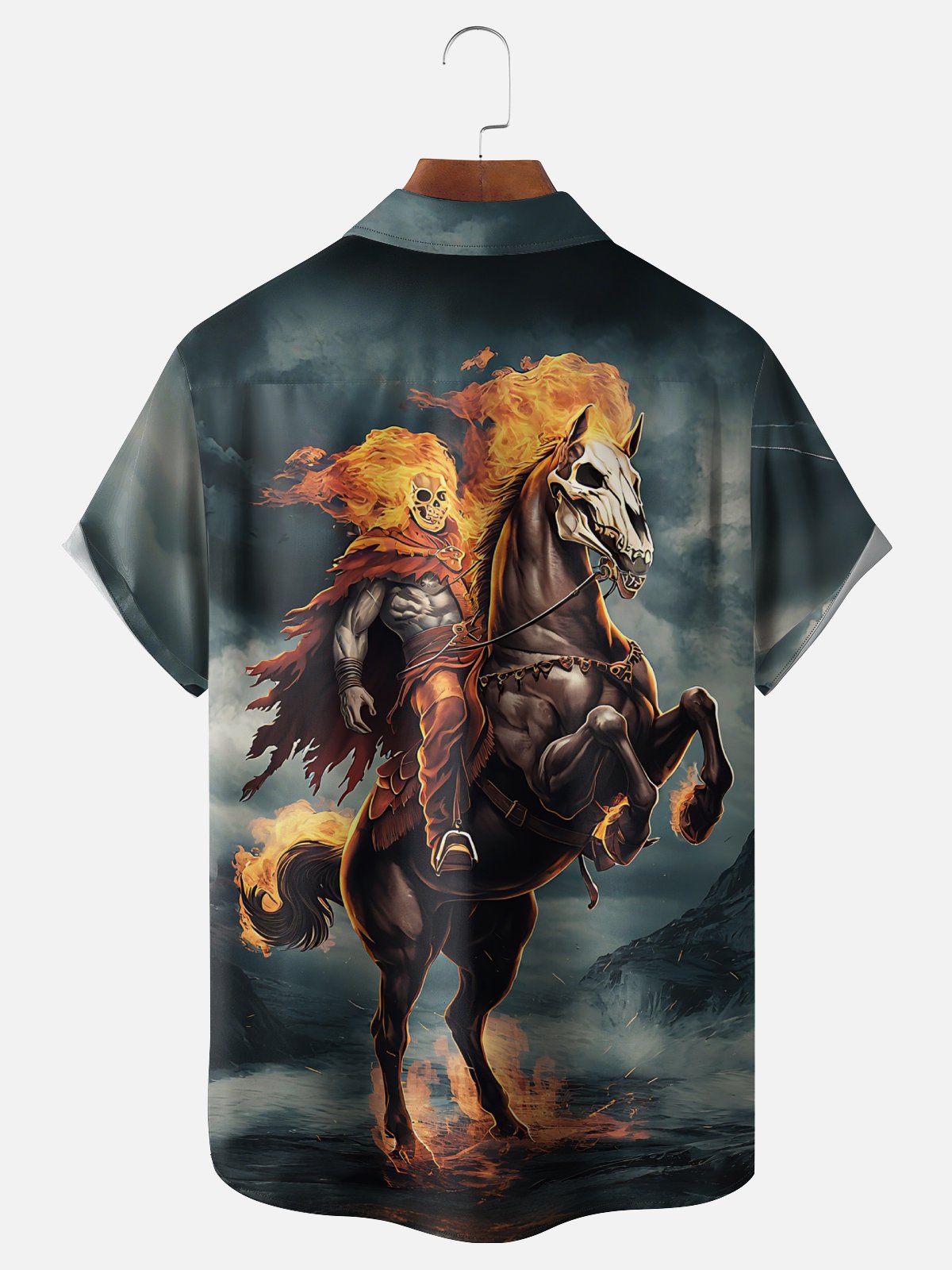 Moisture Wicking Halloween Flame Knight Chest Pocket Hawaiian Shirt