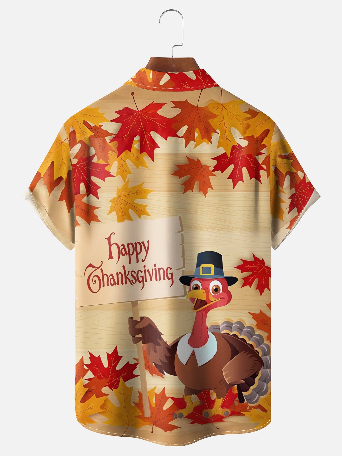 Moisture-Wicking Thanksgiving Turkey Maple Leaf Chest Pocket Hawaiian Shirt