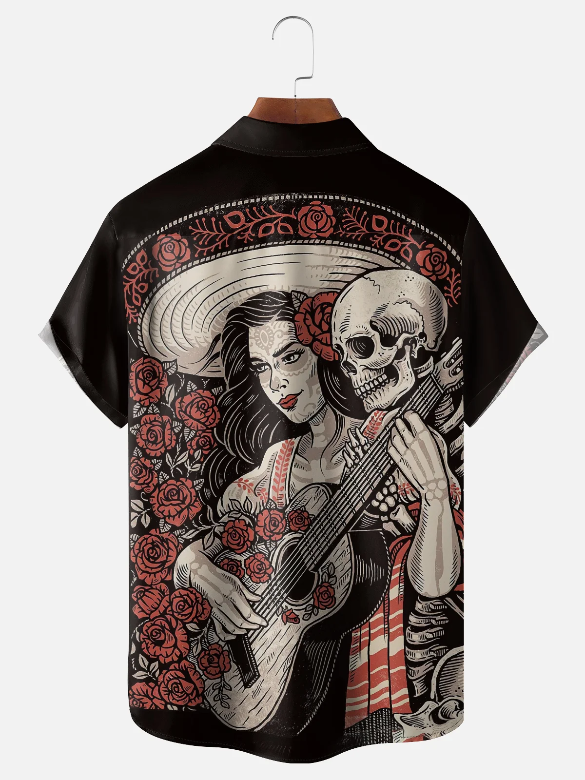 Moisture-wicking Day Of The Dead Skeleton Guitar Music Chest Pocket Casual Shirt