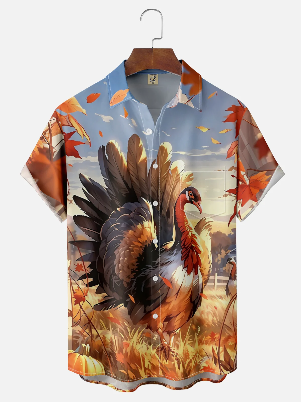 Moisture-Wicking Thanksgiving Maple Leaf Turkey Chest Pocket Hawaiian Shirt
