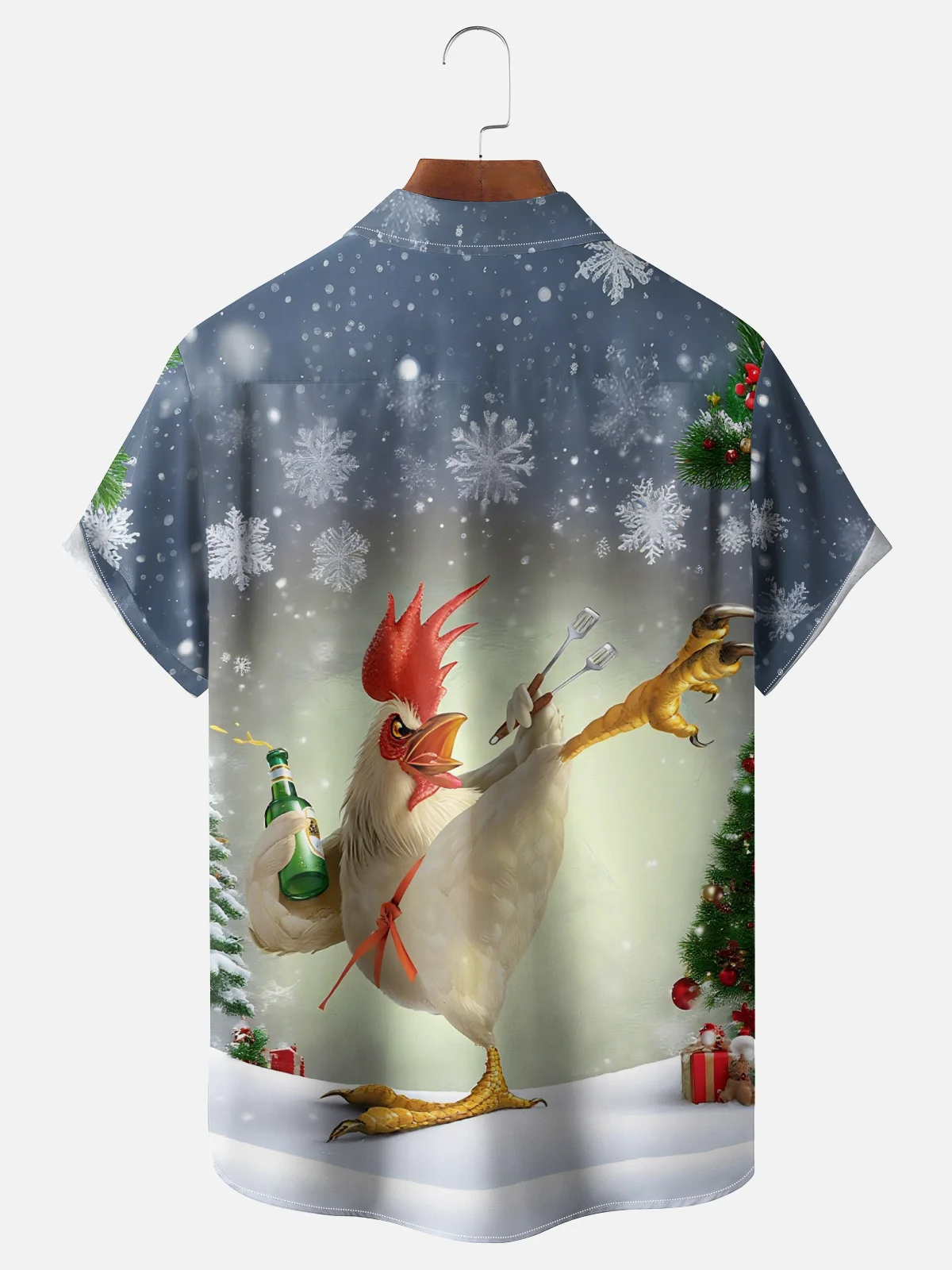 Moisture-Wicking Gradient Christmas Kung Fu chicken Christmas Tree Snowflake Chest Pocket Hawaiian Shirt