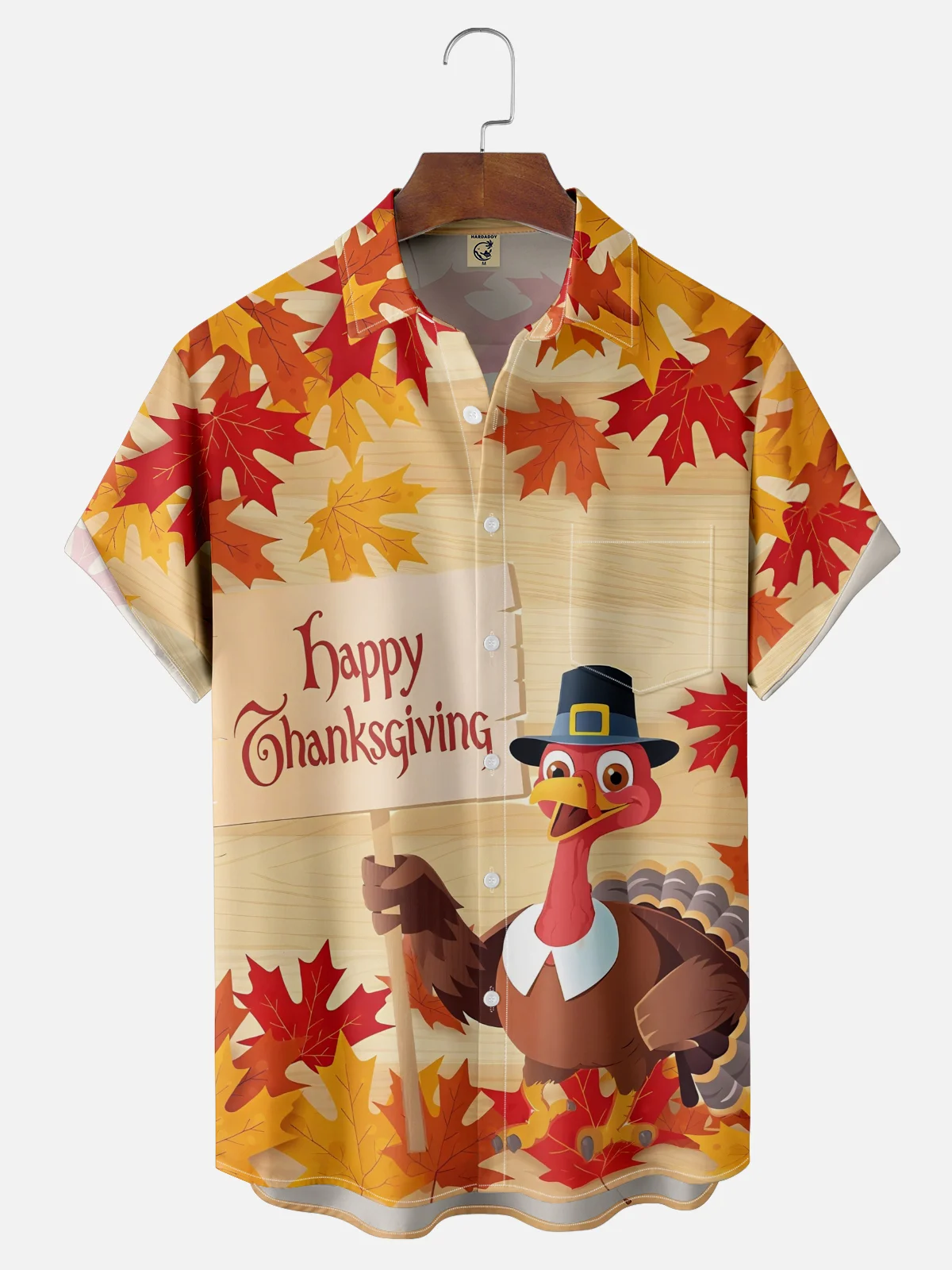 Moisture-Wicking Thanksgiving Turkey Maple Leaf Chest Pocket Hawaiian Shirt