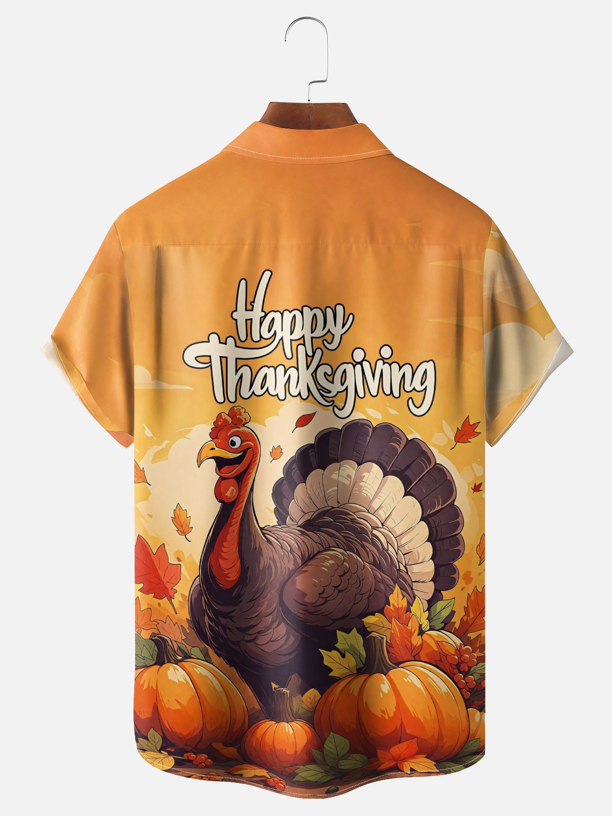 Moisture-Wicking Thanksgiving Gradient Turkey And Pumpkin Chest Pocket Hawaiian Shirt