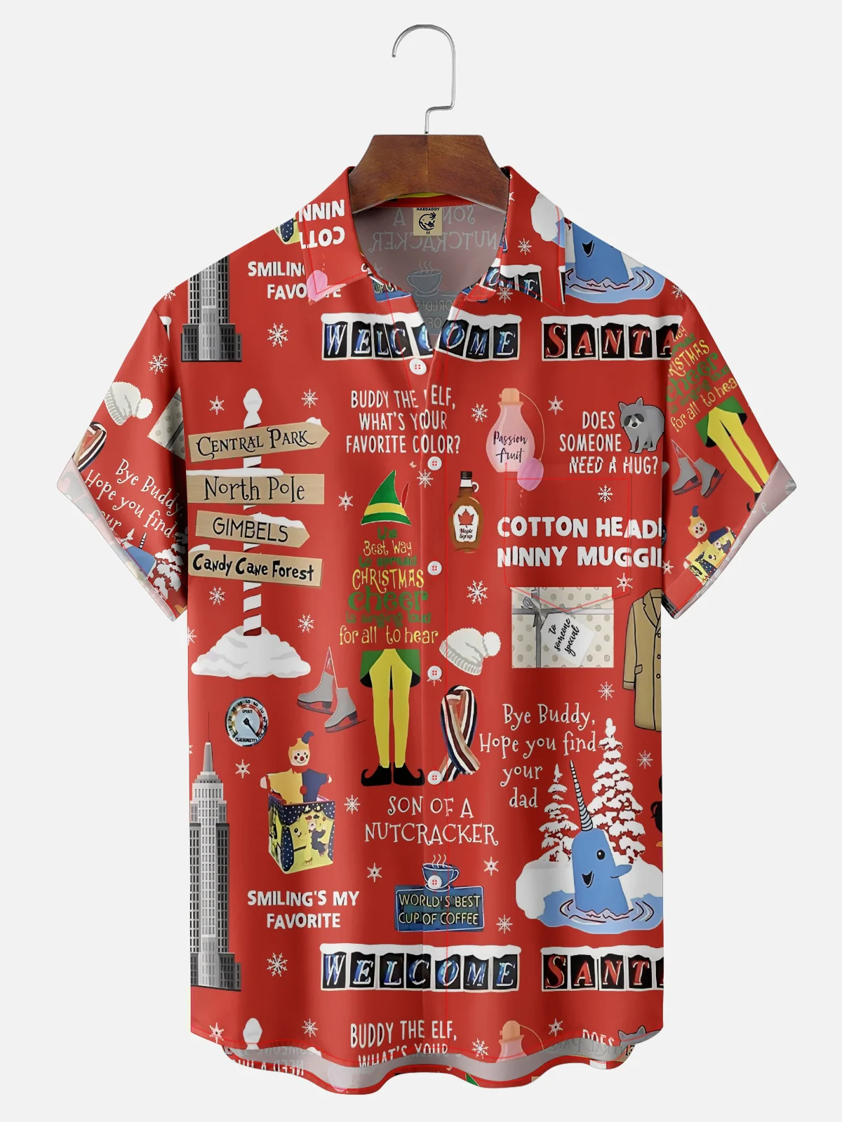 Moisture-Wicking Christmas Holiday Christmas Tree Elf Chest Pocket Hawaiian Shirt