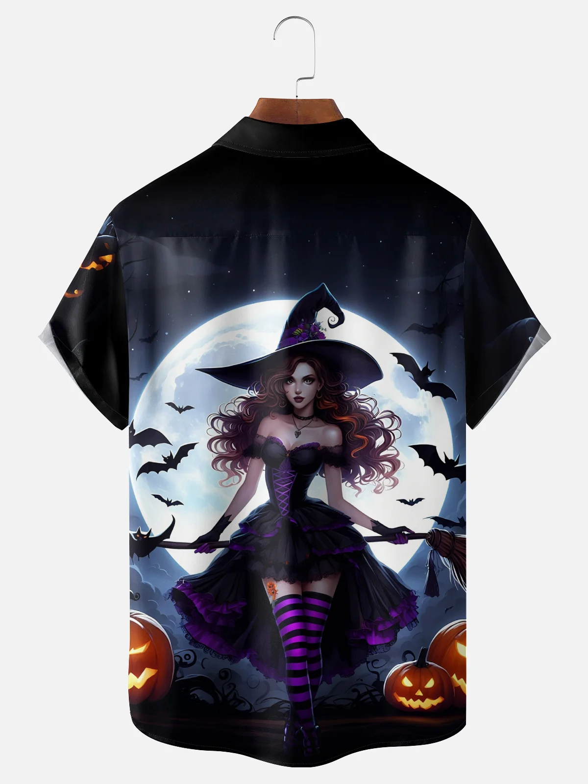 Moisture-Wicking Ombre Halloween Witch Pumpkin Chest Pocket Hawaiian Shirt