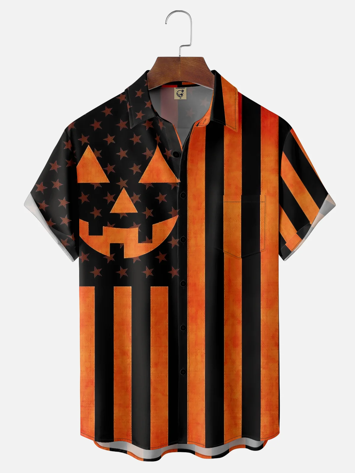 Moisture-wicking Halloween Pumpkin American Flag Funny Chest Pocket Casual Shirt
